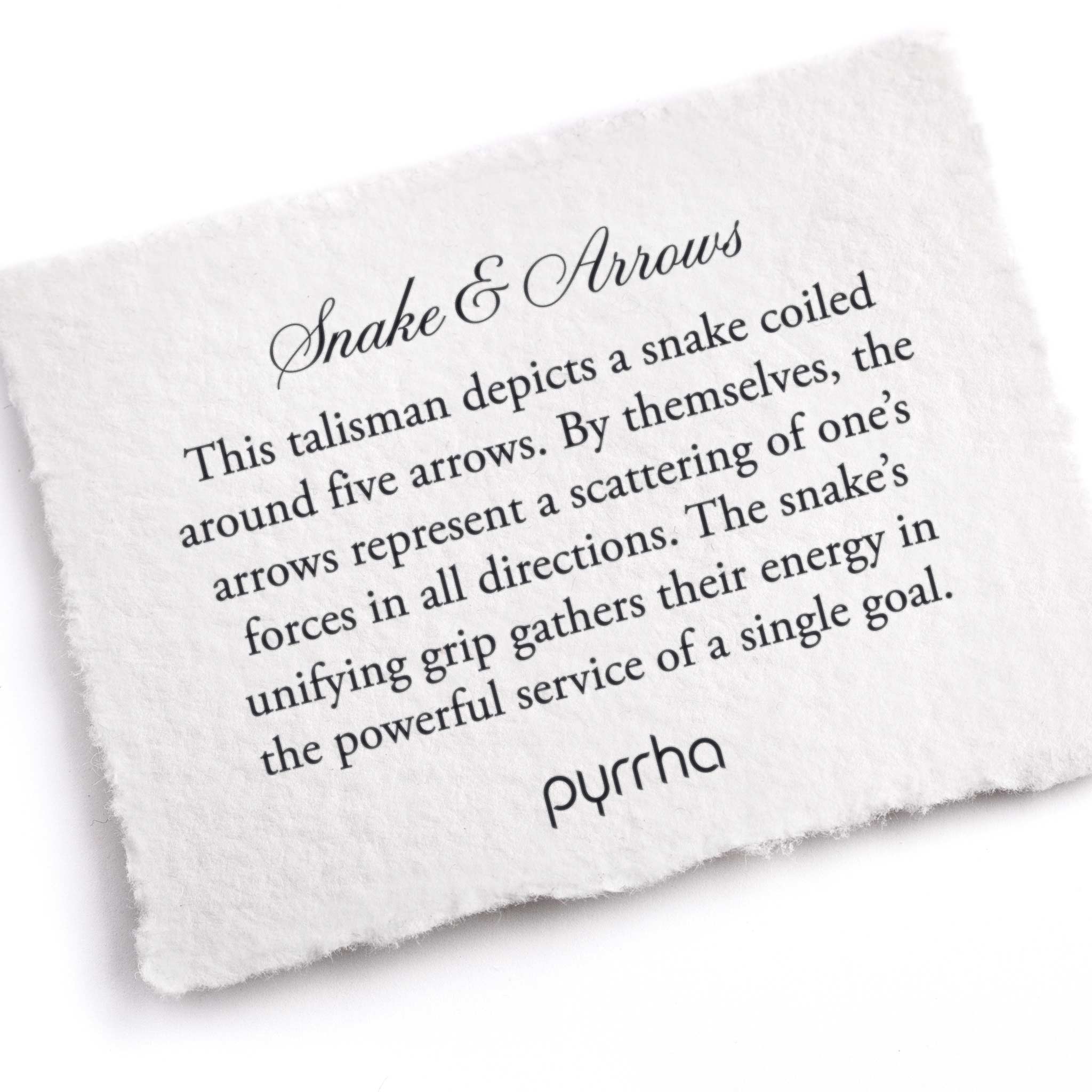 A hand-torn, letterpress printed card describing the meaning for Pyrrha's Snake & Arrows Talisman