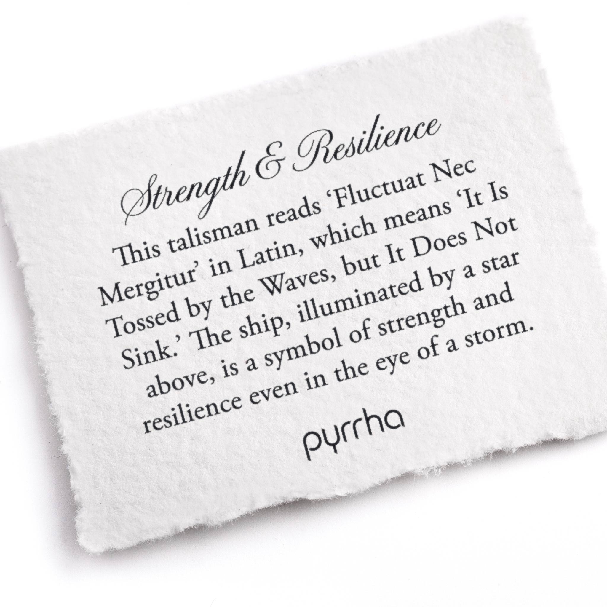 A hand-torn, letterpress printed card describing the meaning for Pyrrha's Strength & Resilience Talisman