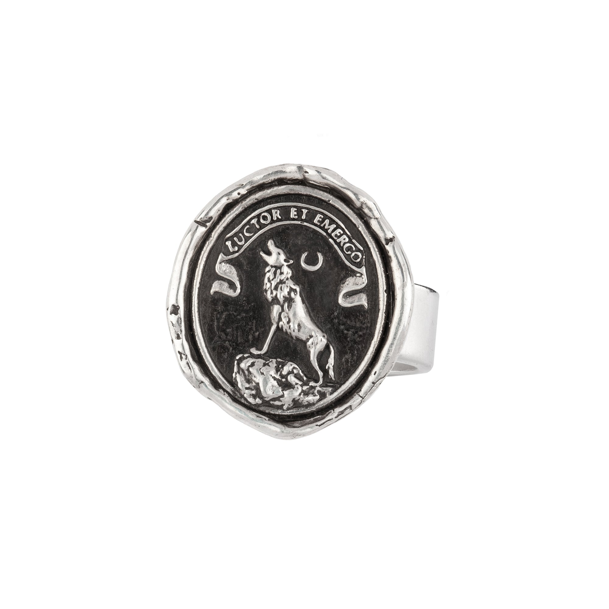 A sterling silver ring with our Struggle and Emerge talisman.