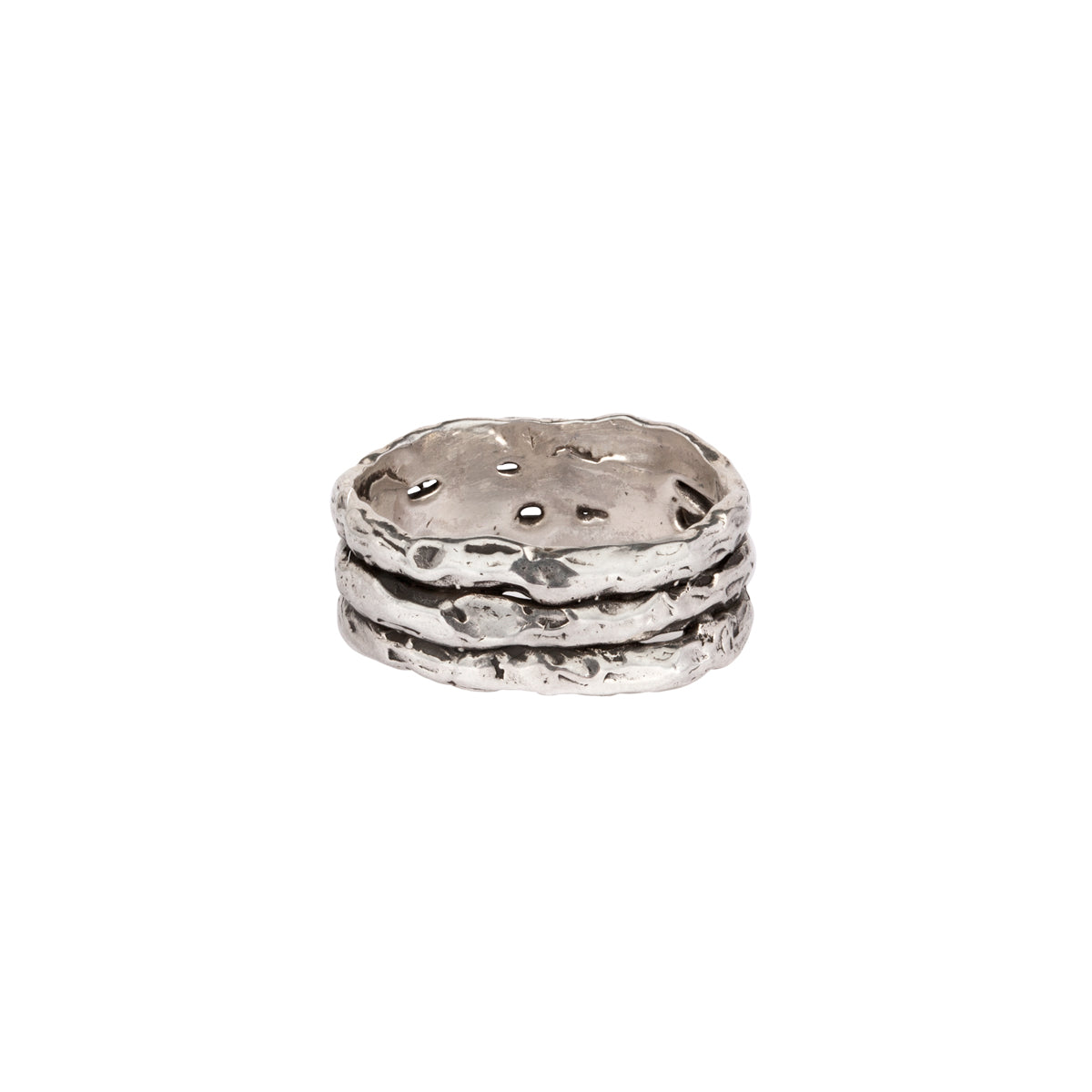A silver band ring with three textured layers