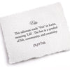 A hand-torn, letterpress printed card describing the meaning for Pyrrha's Vite Talisman Necklace