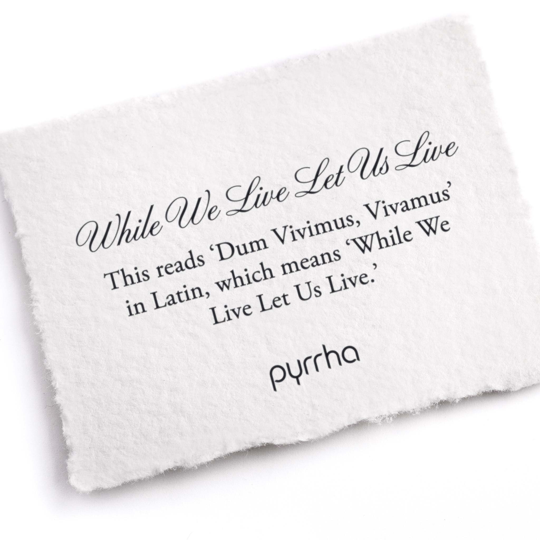 A hand-torn, letterpress printed card describing the meaning for Pyrrha's While We Live Let Us Live Ring
