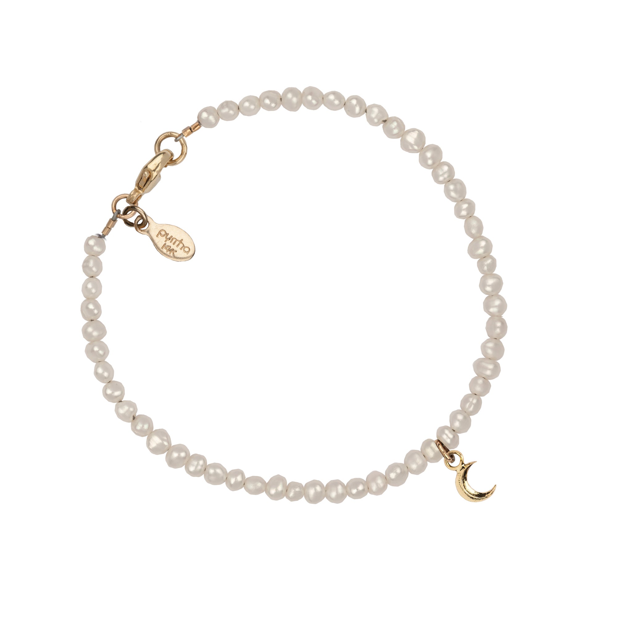 Crescent Moon 14K Gold Symbol Charm Freshwater Pearl Bracelet