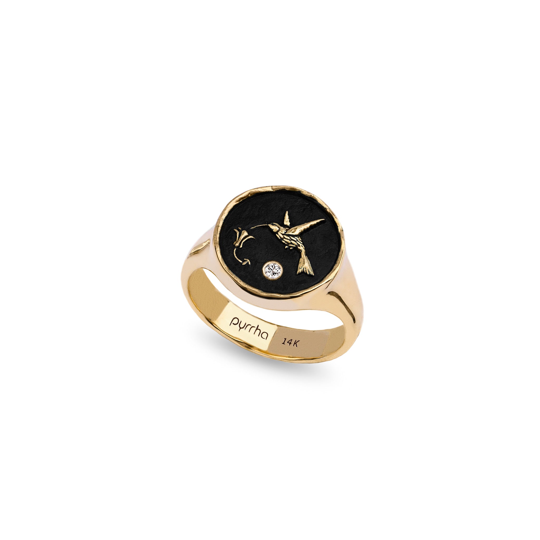 Hummingbird 14K Gold Diamond Set Signet Ring