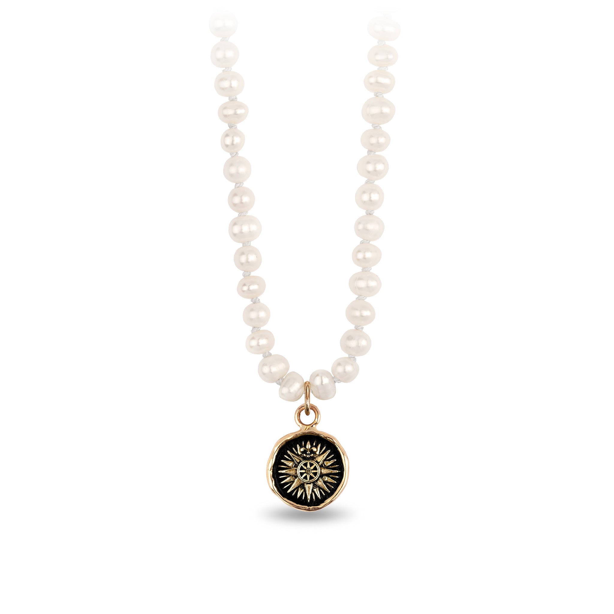 Direction 14K Gold Talisman on Knotted Freshwater Pearl Necklace