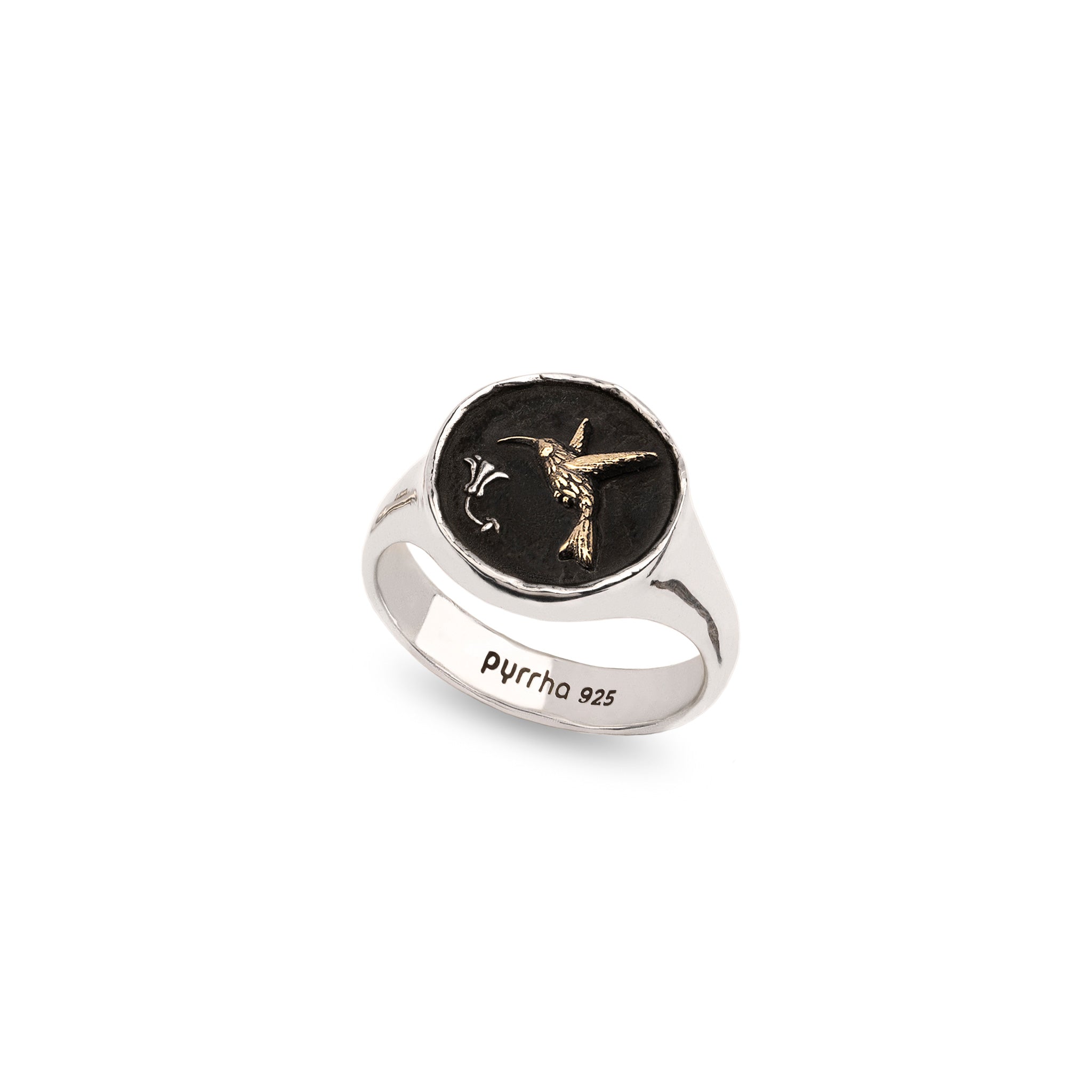 Hummingbird 14K Gold on Silver Signet Ring