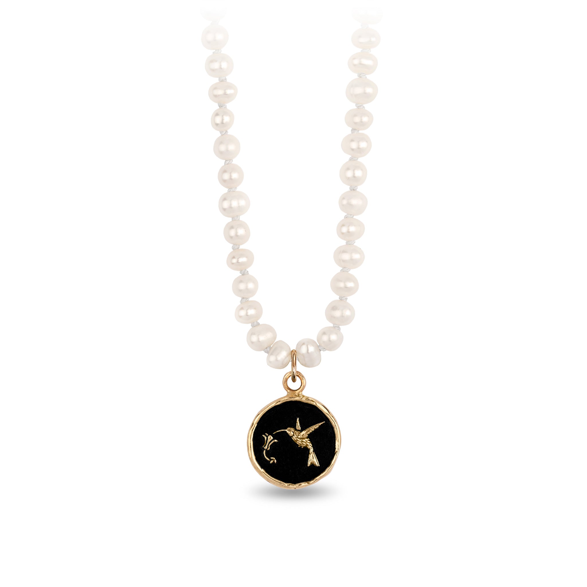 Hummingbird 14K Gold Talisman on Knotted Freshwater Pearl Necklace