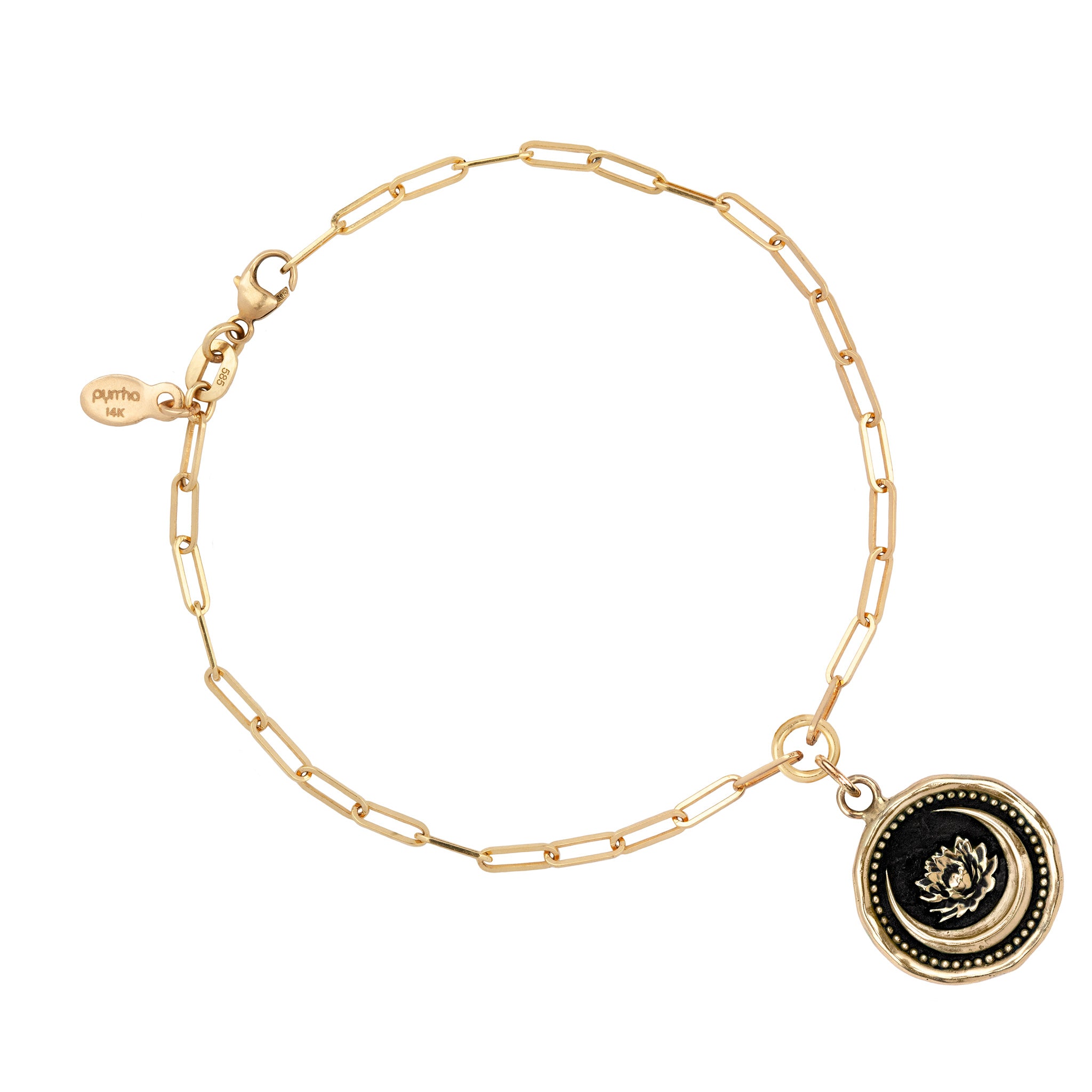 Lotus Flower 14K Gold Long Link Paperclip Chain Bracelet