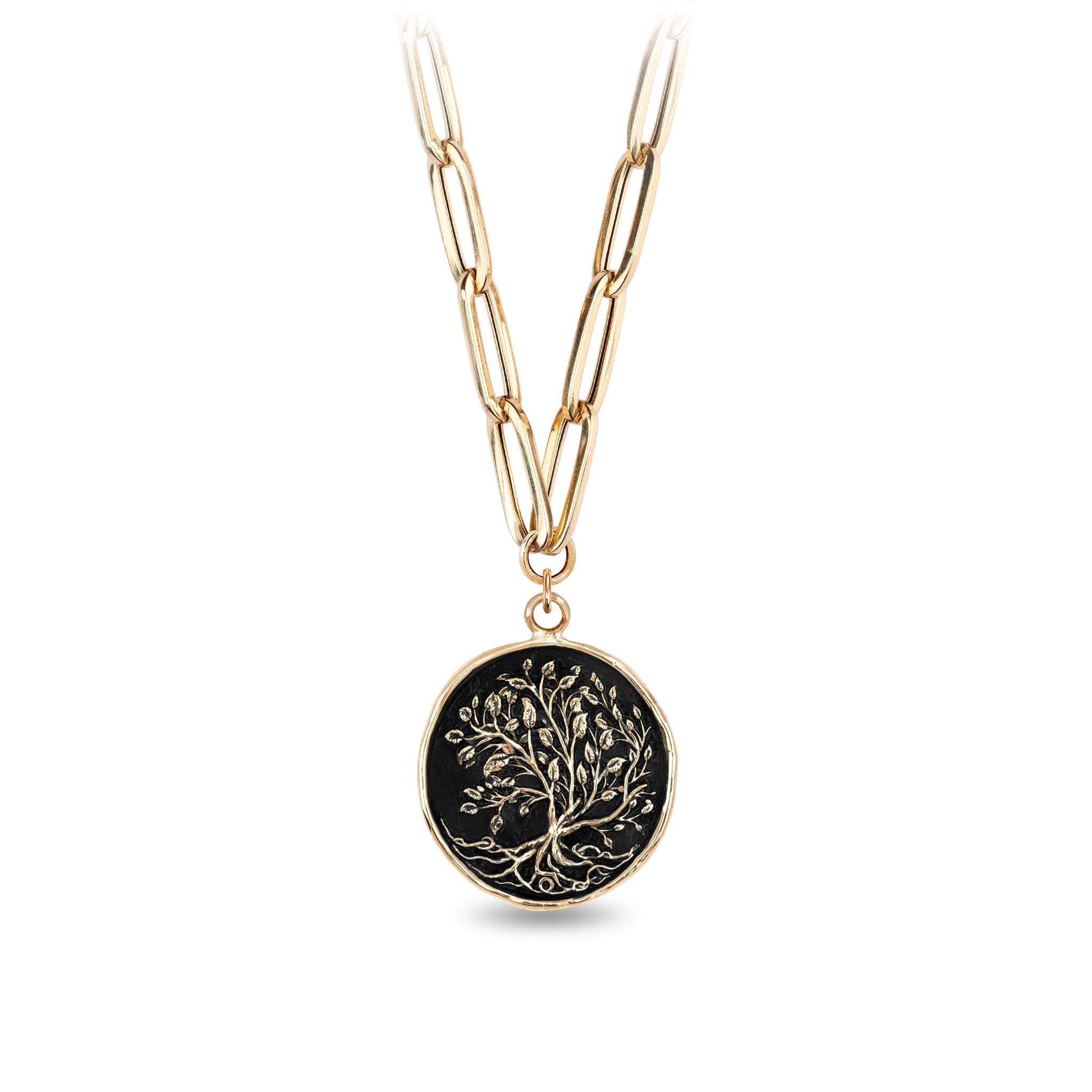 Tree of Life 14K Gold Large Hollow Paperclip Chain Necklace