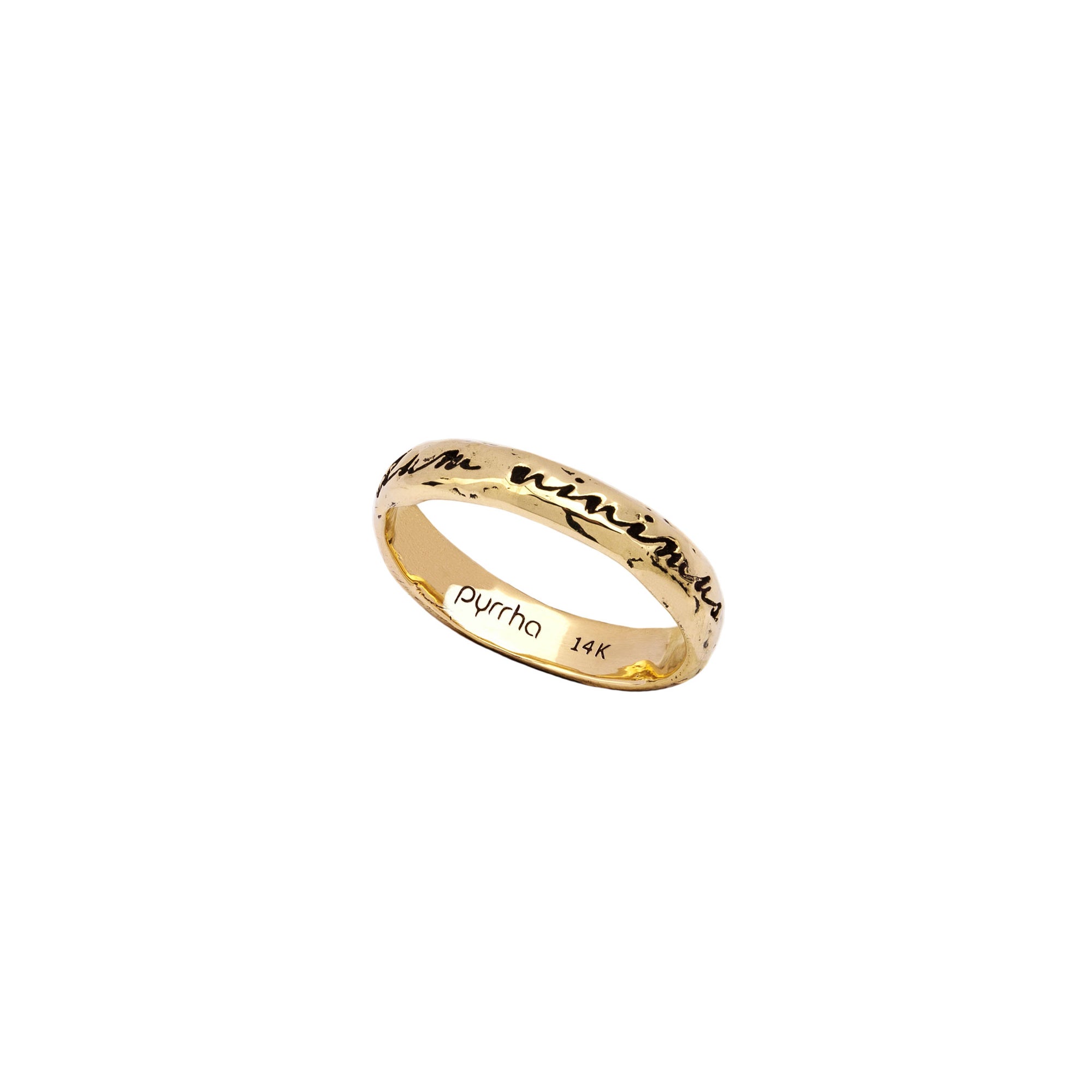 A 14k gold ring engraved with our While We Live Let Us Live motto.