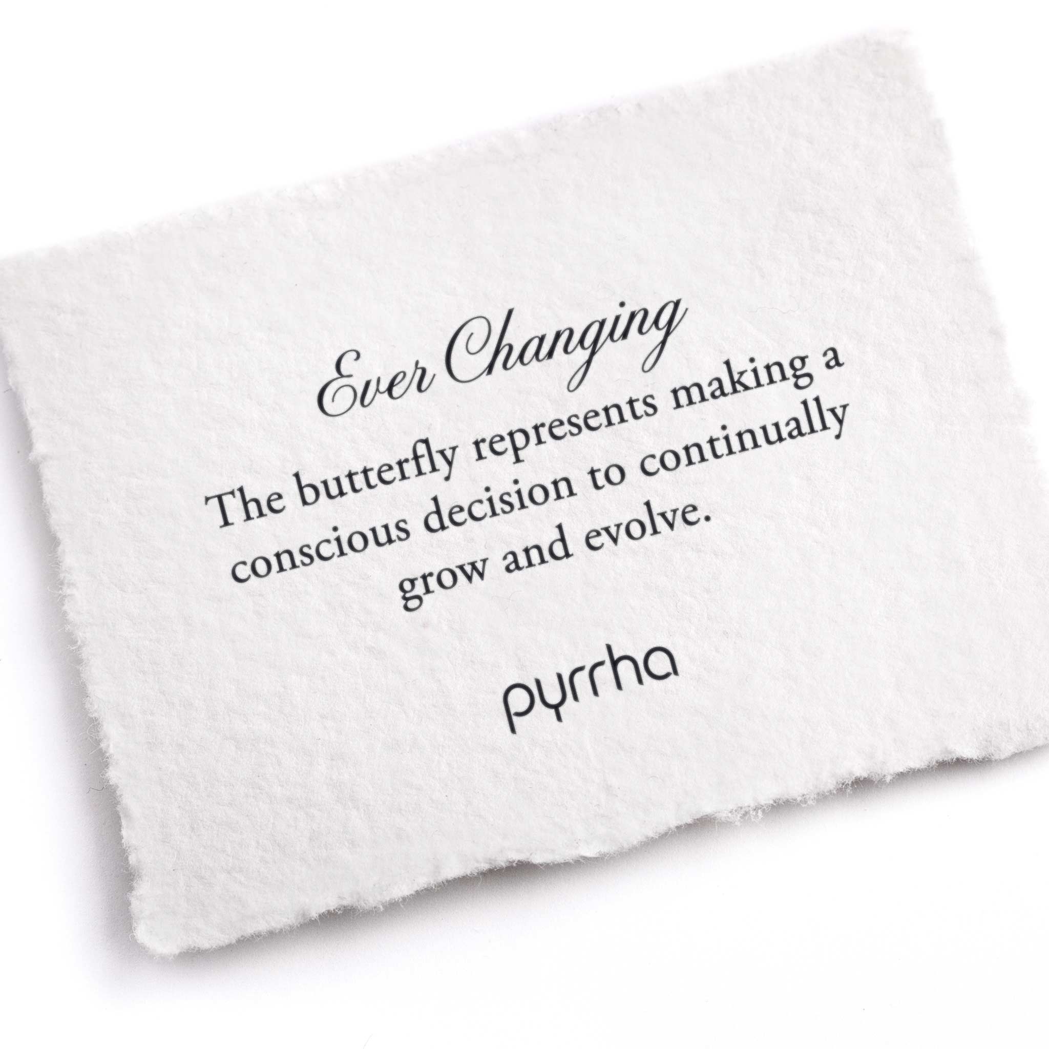 A hand-torn, letterpress printed card describing the meaning for Pyrrha's Ever Changing Appreciation Talisman