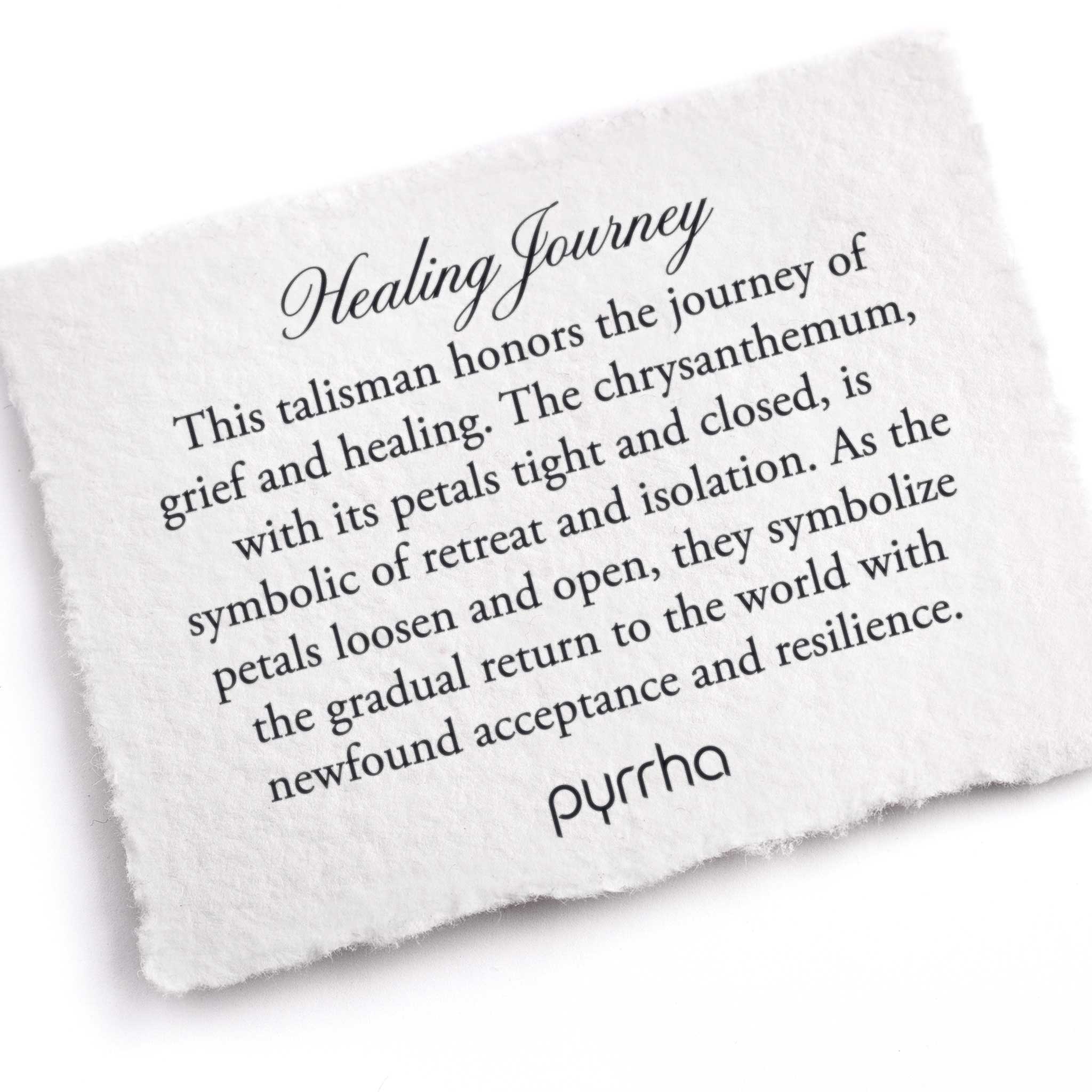 A hand-torn, letterpress printed card describing the meaning for Pyrrha's Healing Journey Talisman