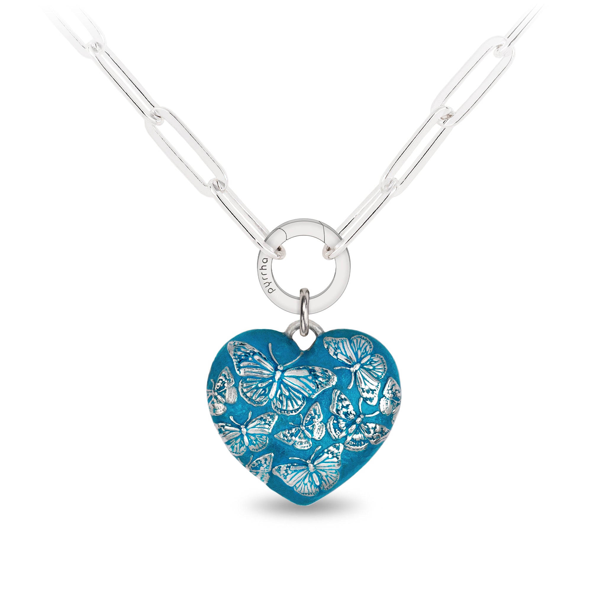 Butterfly Large Puffed Heart Large Paperclip Chain Necklace - Capri Blue