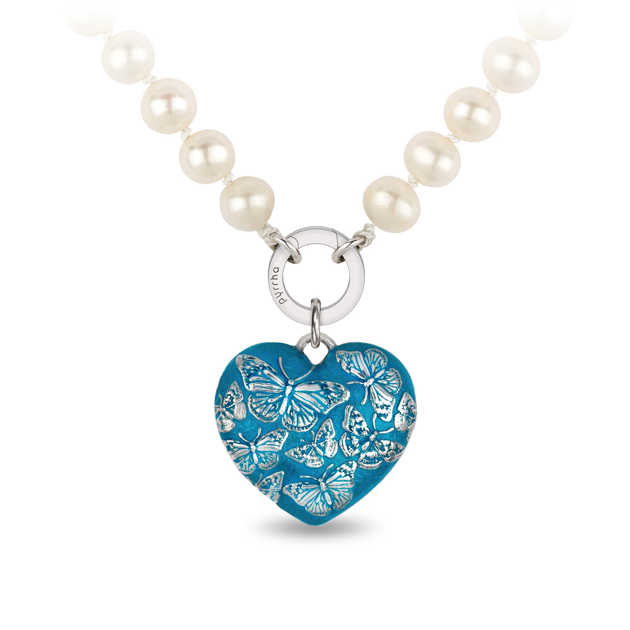 Butterfly Large Puffed Heart Knotted Freshwater Pearl Necklace - Capri Blue