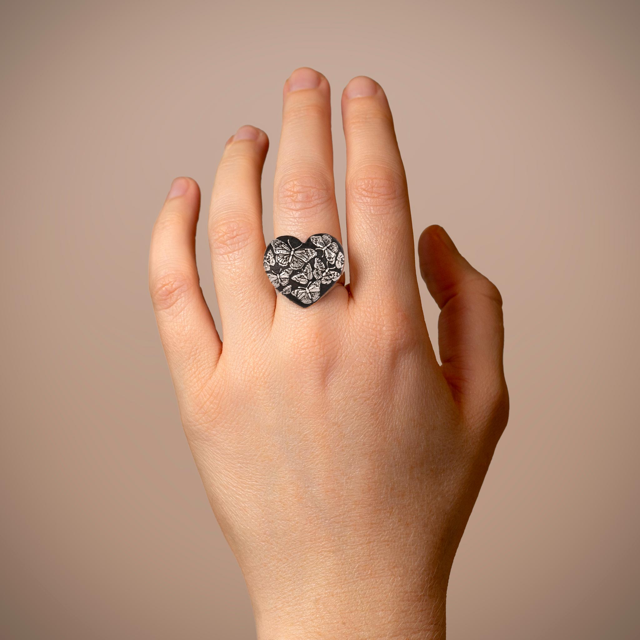 Butterfly Large Puffed Heart Signet Ring