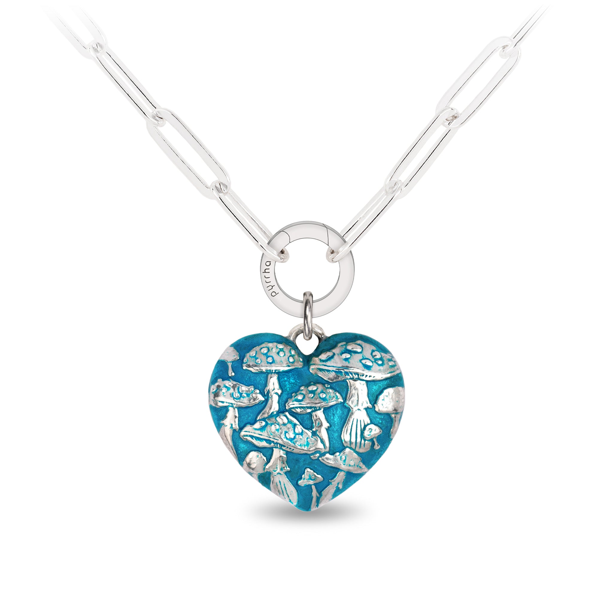 Mushroom Large Puffed Heart Large Paperclip Chain Necklace - Capri Blue