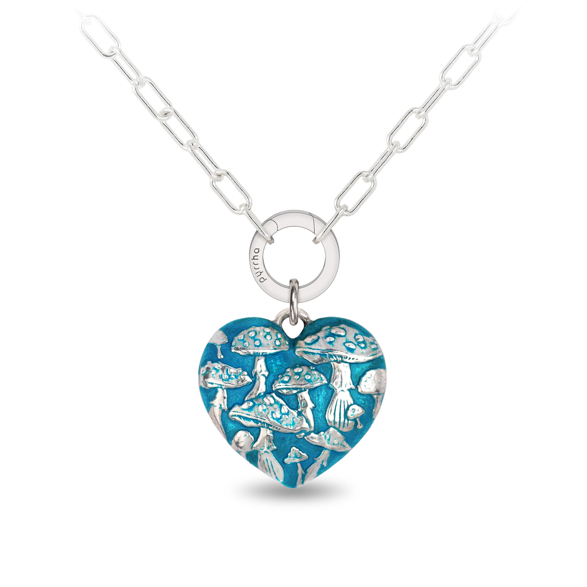 Mushroom Large Puffed Heart Small Paperclip Chain Necklace - Capri Blue