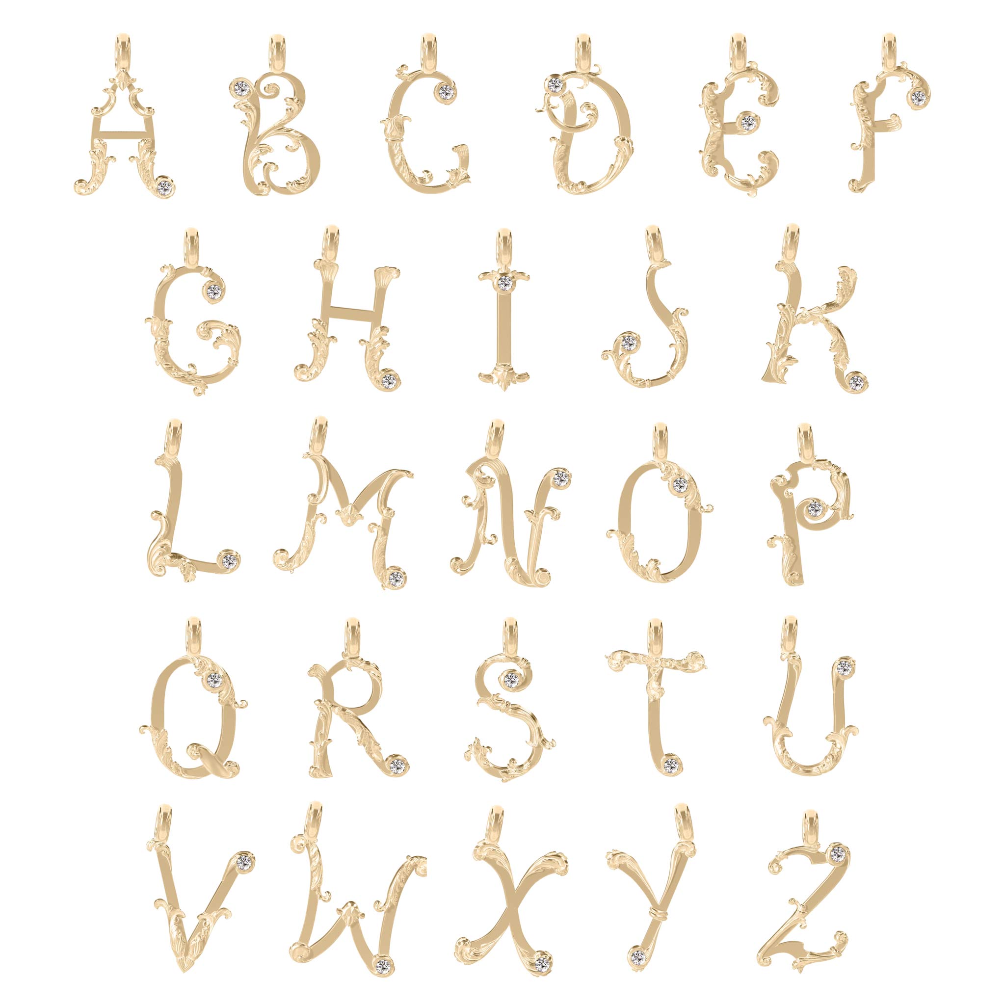 14K Gold Diamond Set Baroque Letter Charms