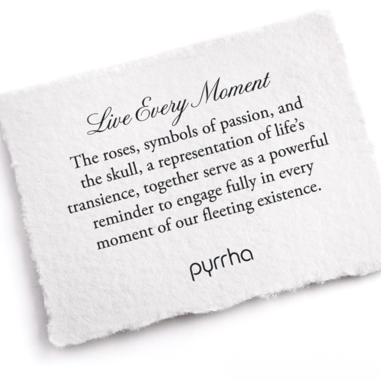 A hand-torn, letterpress printed card describing the meaning for Pyrrha's Live Every Moment Talisman