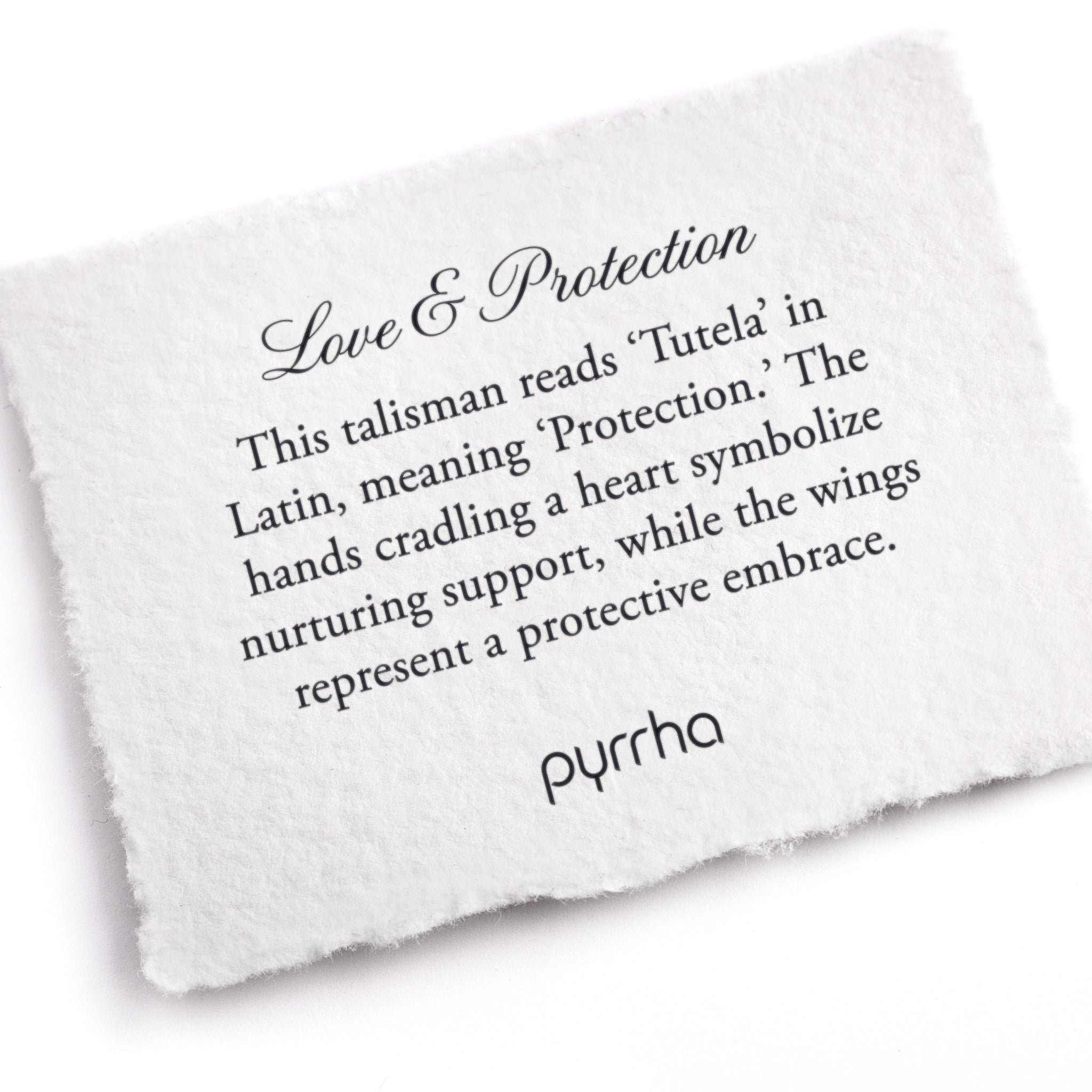 A hand-torn, letterpress printed card describing the meaning for Pyrrha's Love & Protection Talisman