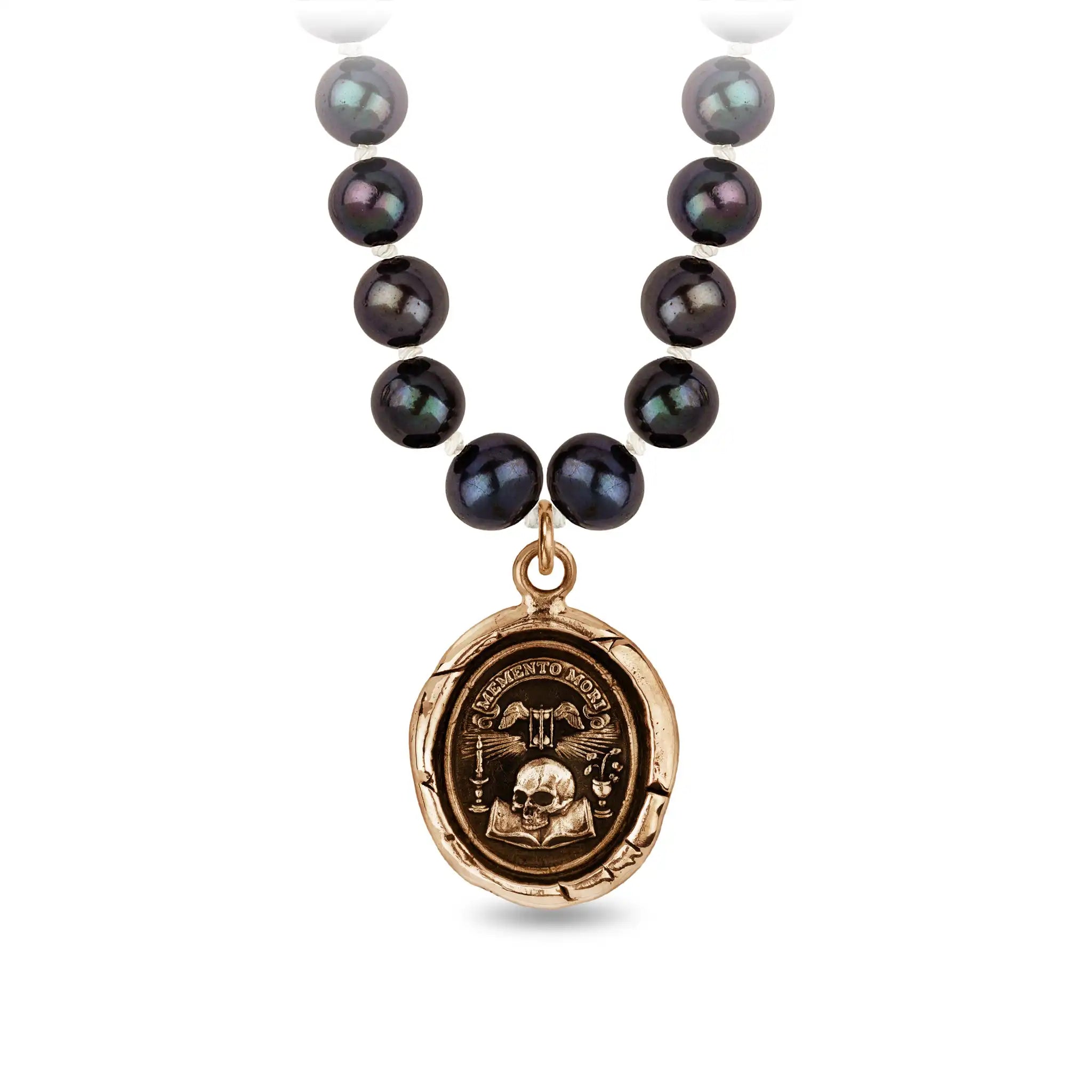 Memento Mori Freshwater Pearl Necklace - Peacock Black - Bronze