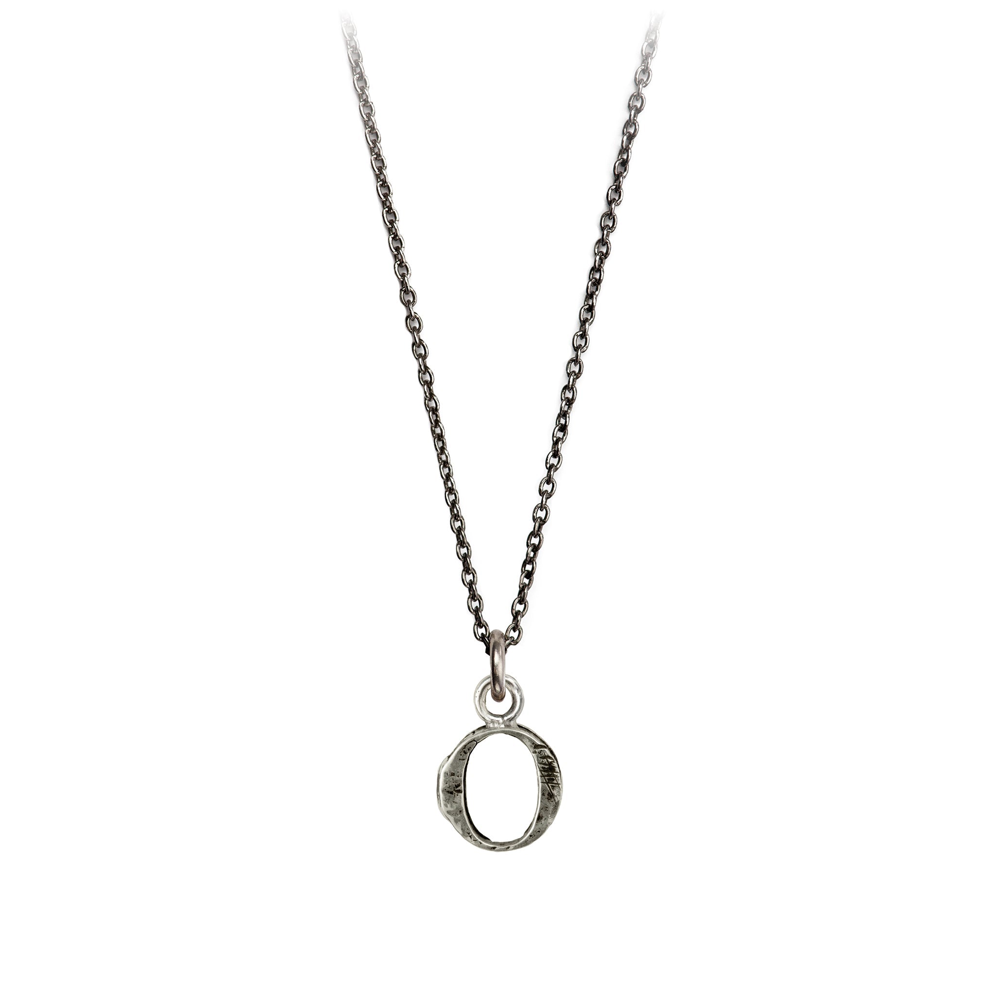 A sterling silver letter "O" charm on a silver chain.