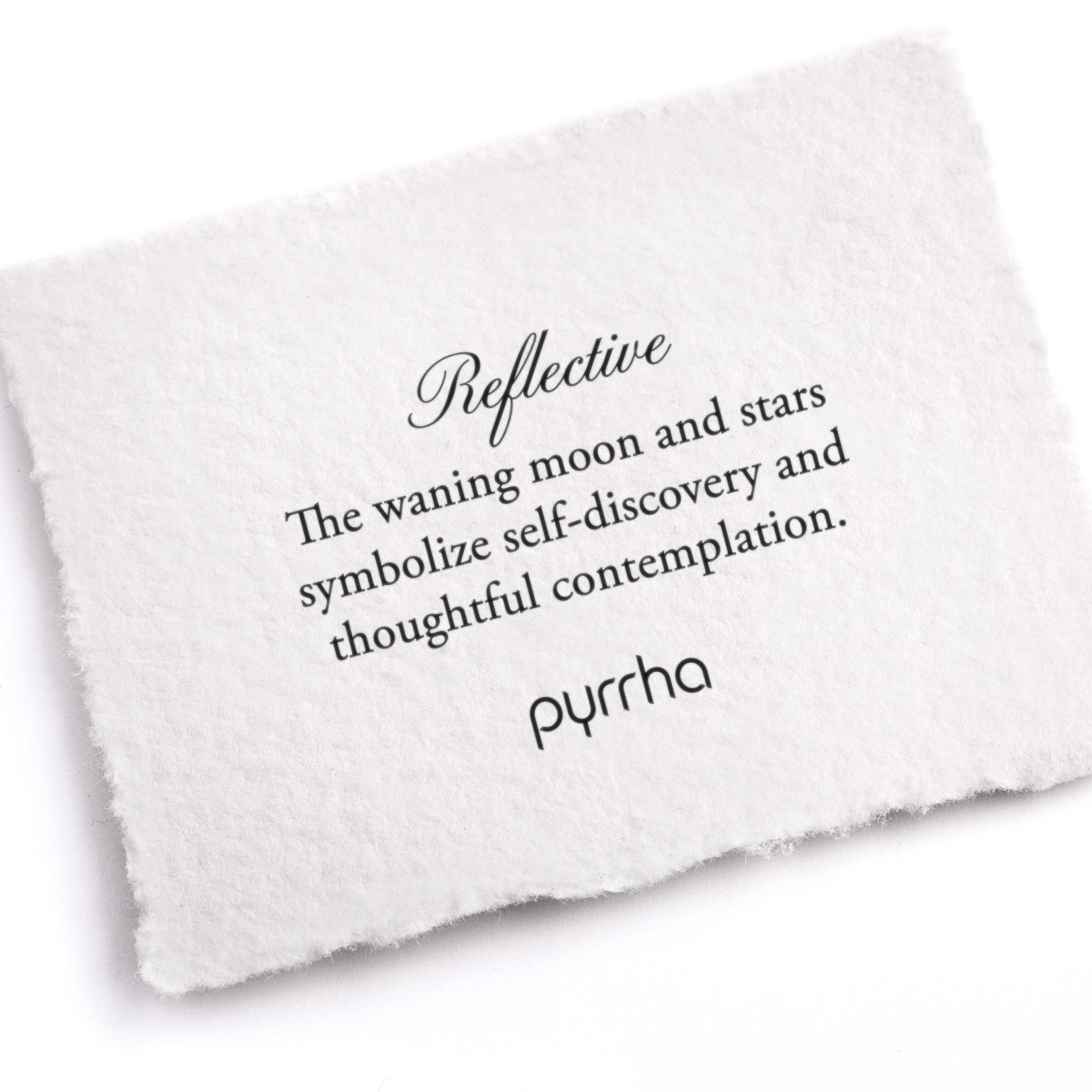 A hand-torn, letterpress printed card describing the meaning for Pyrrha's Reflective Appreciation Talisman