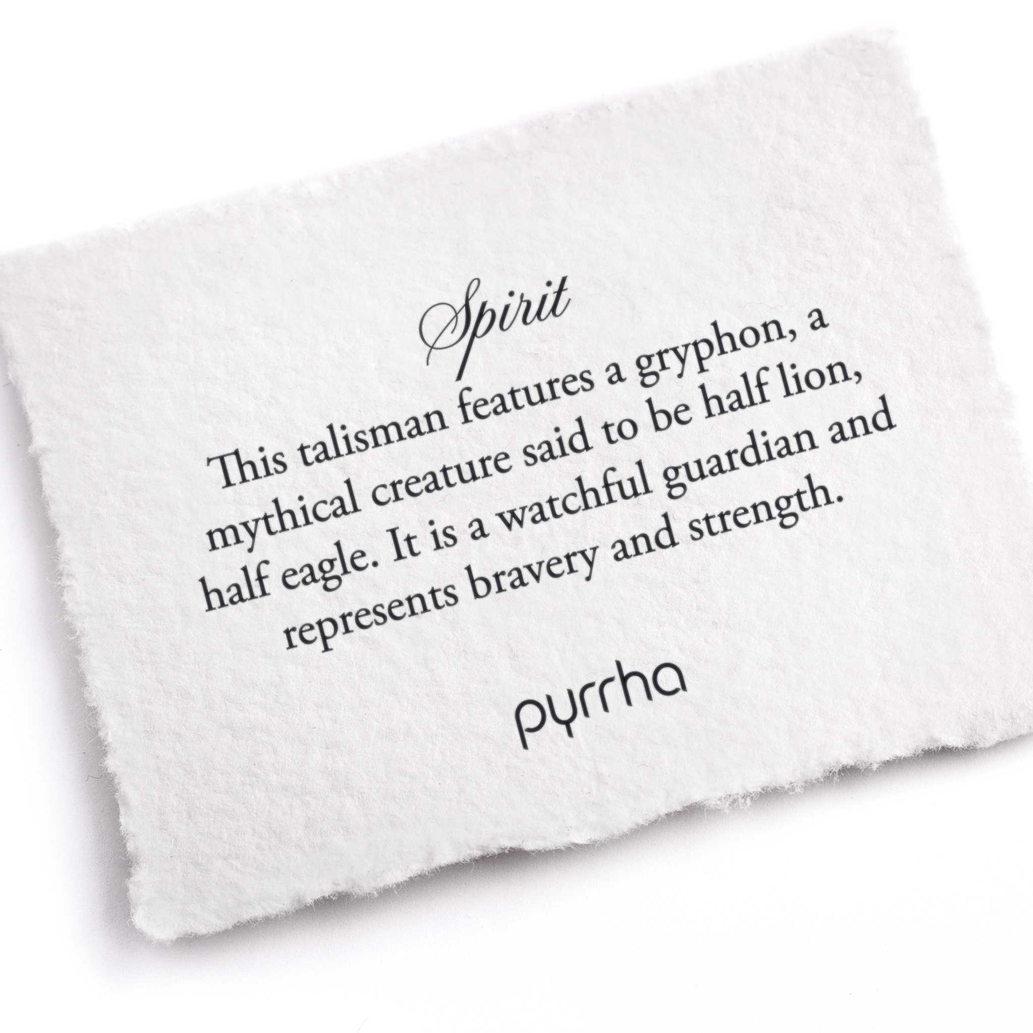 A hand-torn, letterpress printed card describing the meaning for Pyrrha's Spirit Talisman