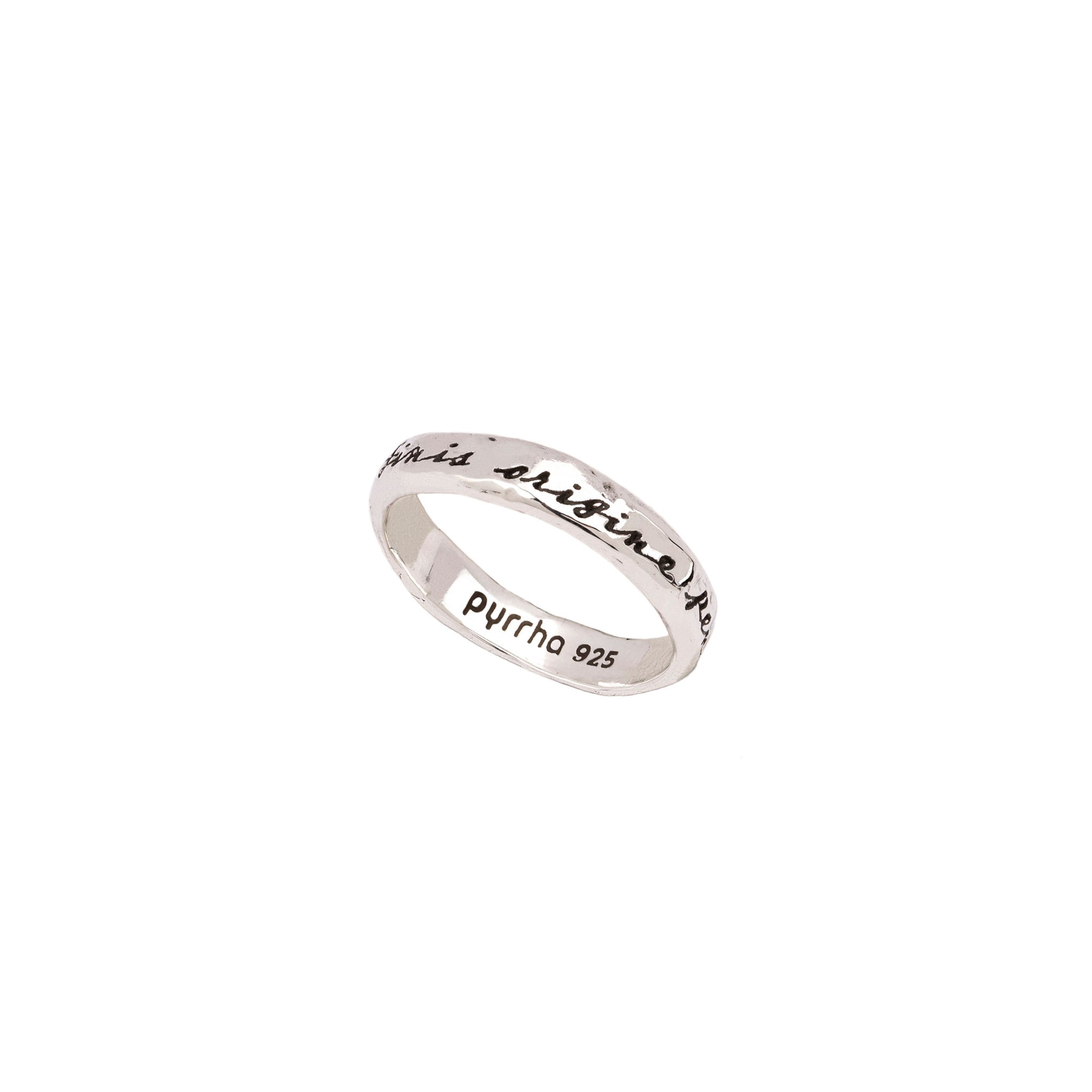 An silver band ring engraved with the idea that the end depends on the beginning