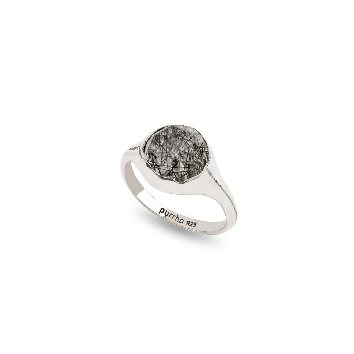 Tourmalated Quartz Large Faceted Stone Set Signet Ring