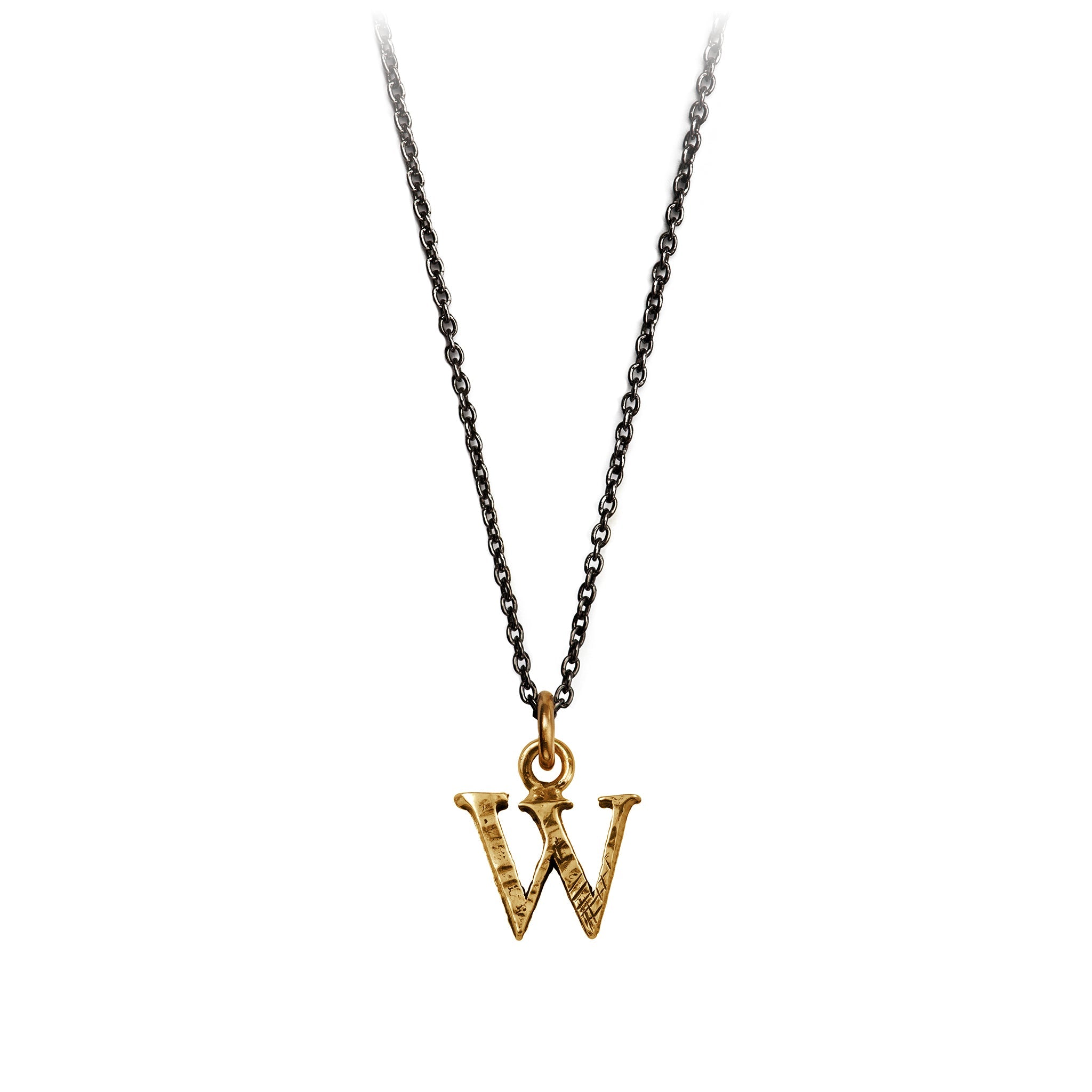 A bronze letter "W" charm on a blackened silver chain.