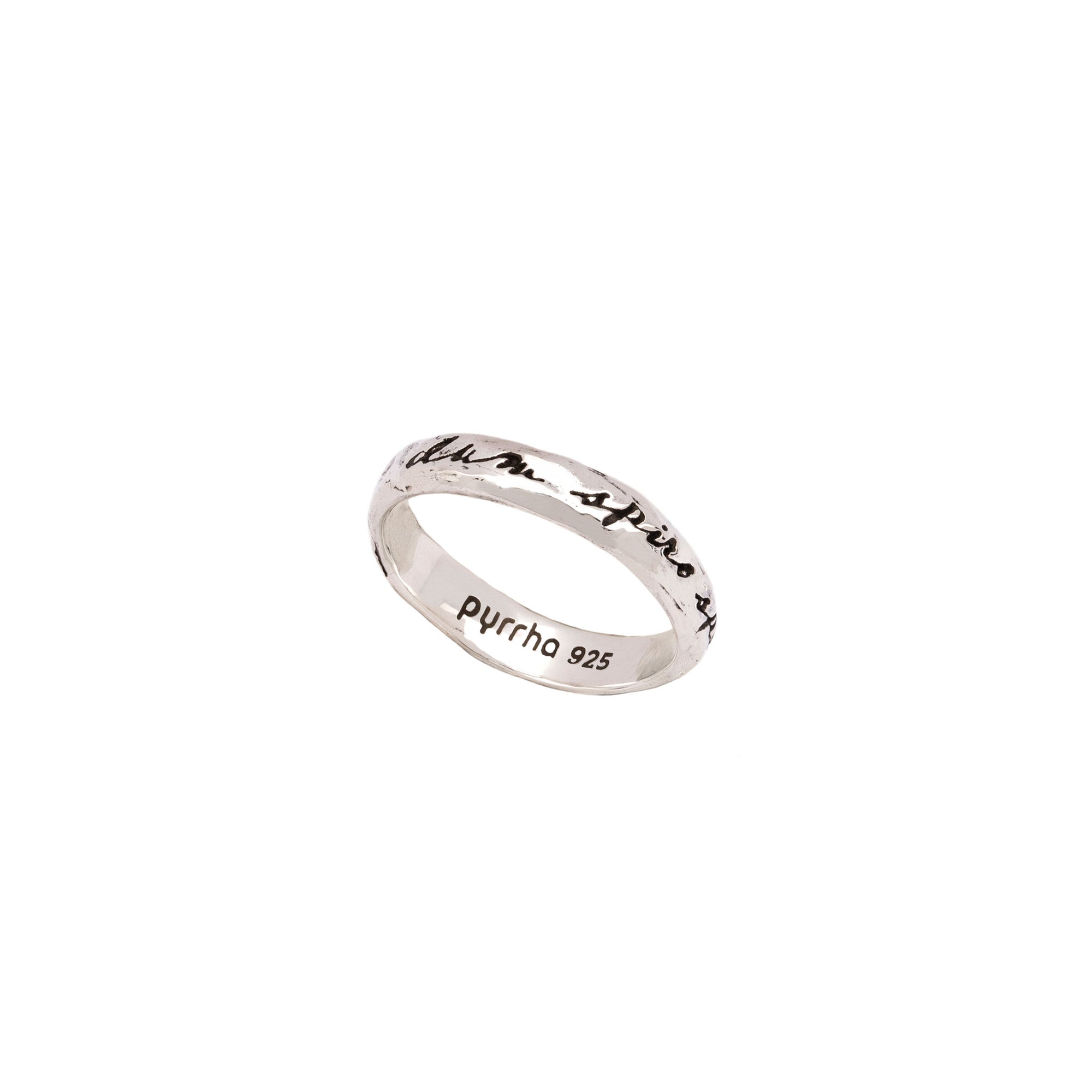 An silver band ring engraved with latin meaning while I breathe hope