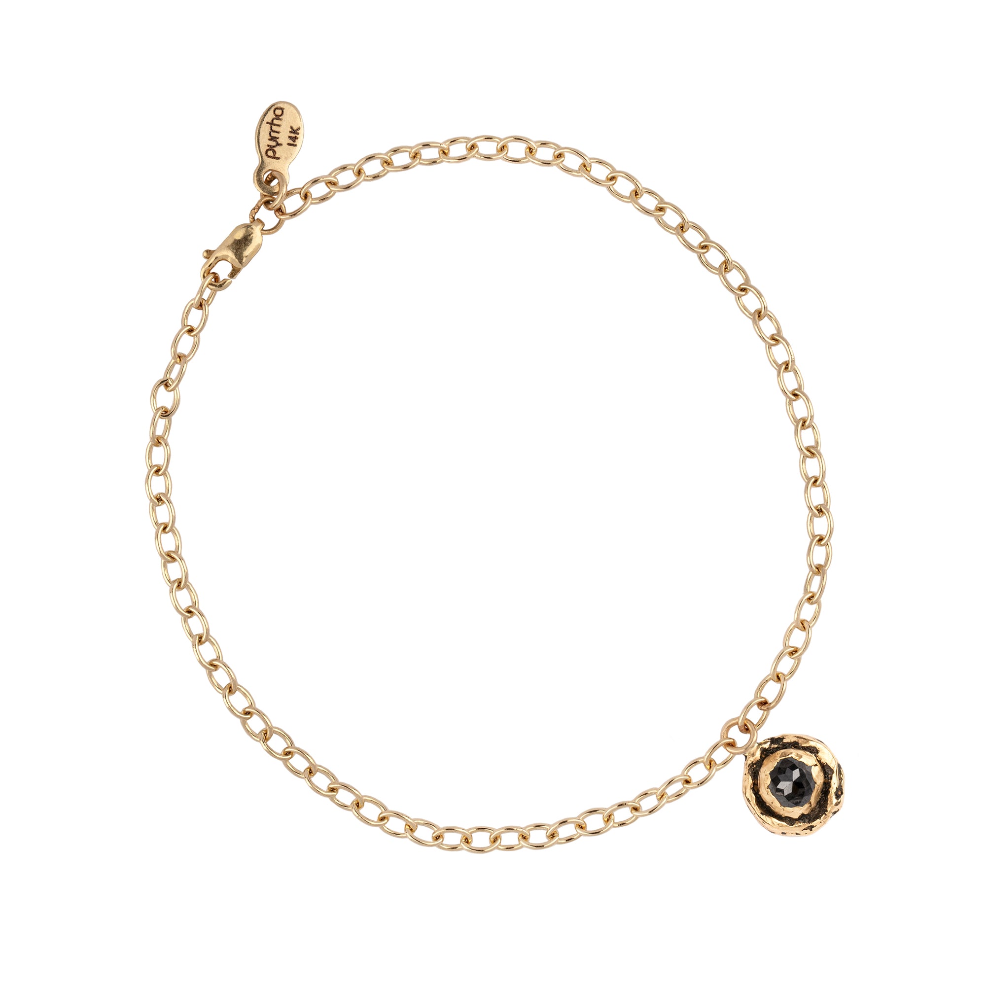A 14k gold chain bracelet featuring our 14k gold charcoal diamond faceted stone talisman.