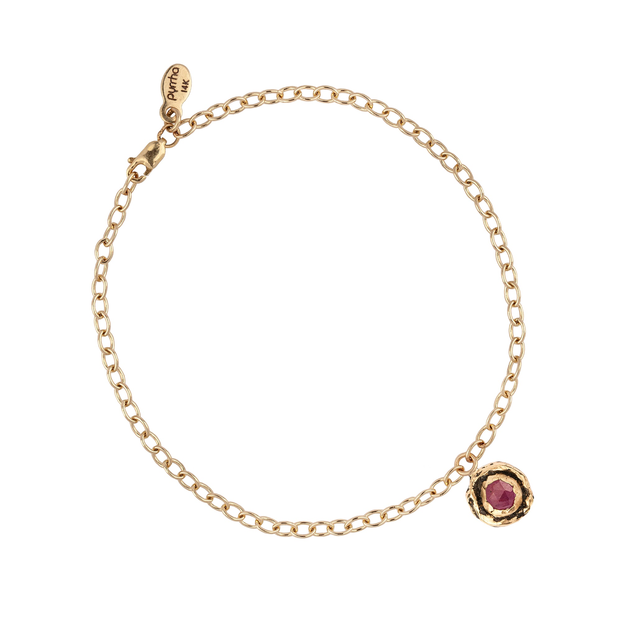 A 14k gold chain bracelet featuring our 14k gold ruby faceted stone talisman.