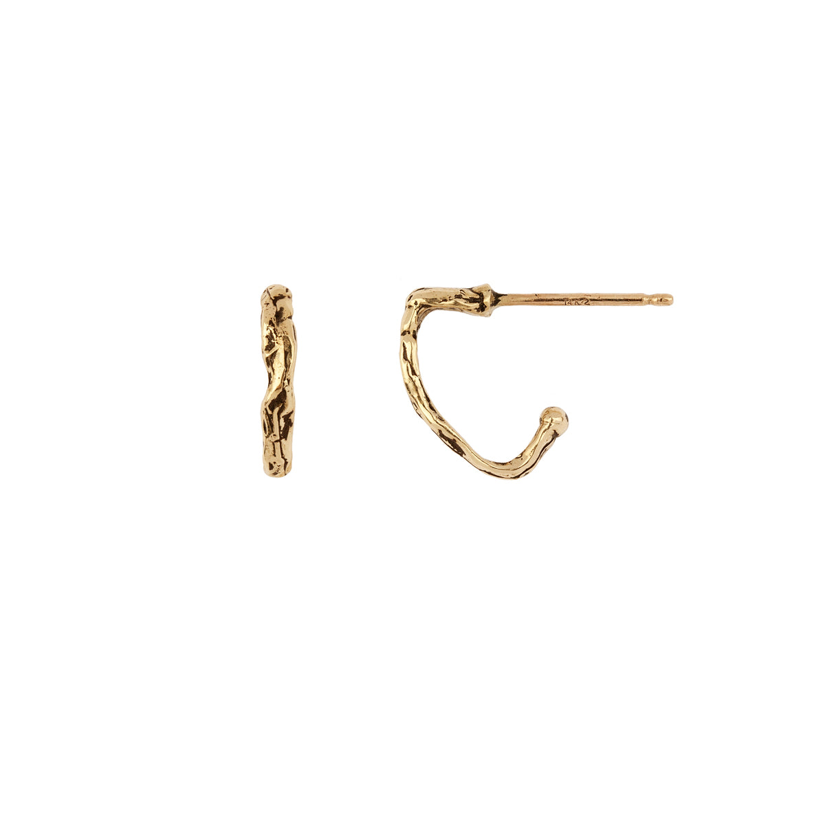 A set of extra small 14k gold hoop earrings with an open shield design.