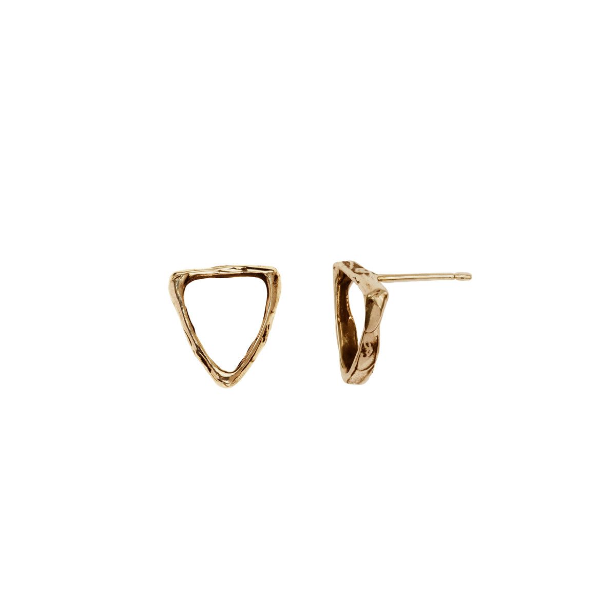 A set of extra small 14k gold stud earrings with an open shield design.