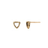 A set of tiny 14k gold stud earrings with an open shield design.