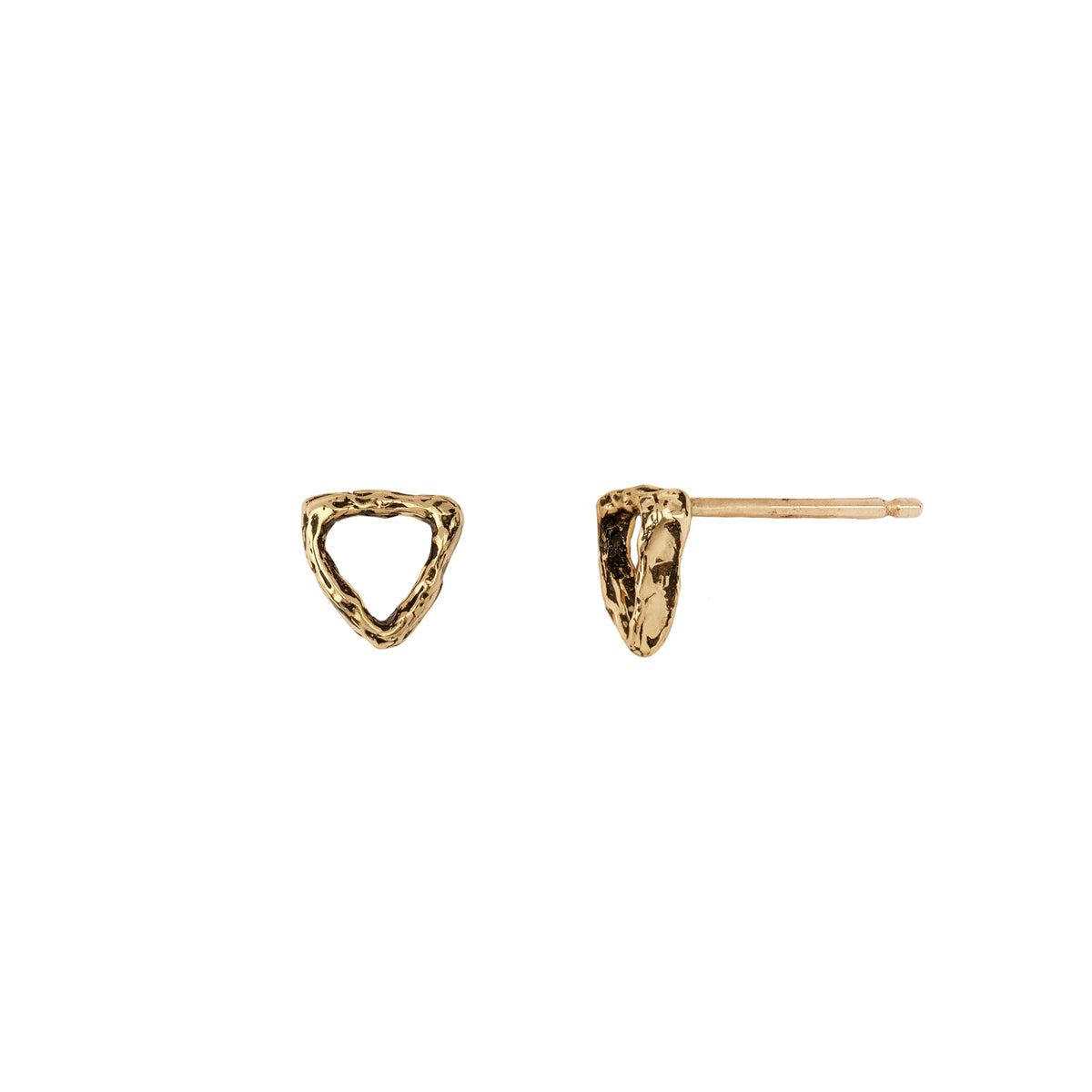 A set of tiny 14k gold stud earrings with an open shield design.