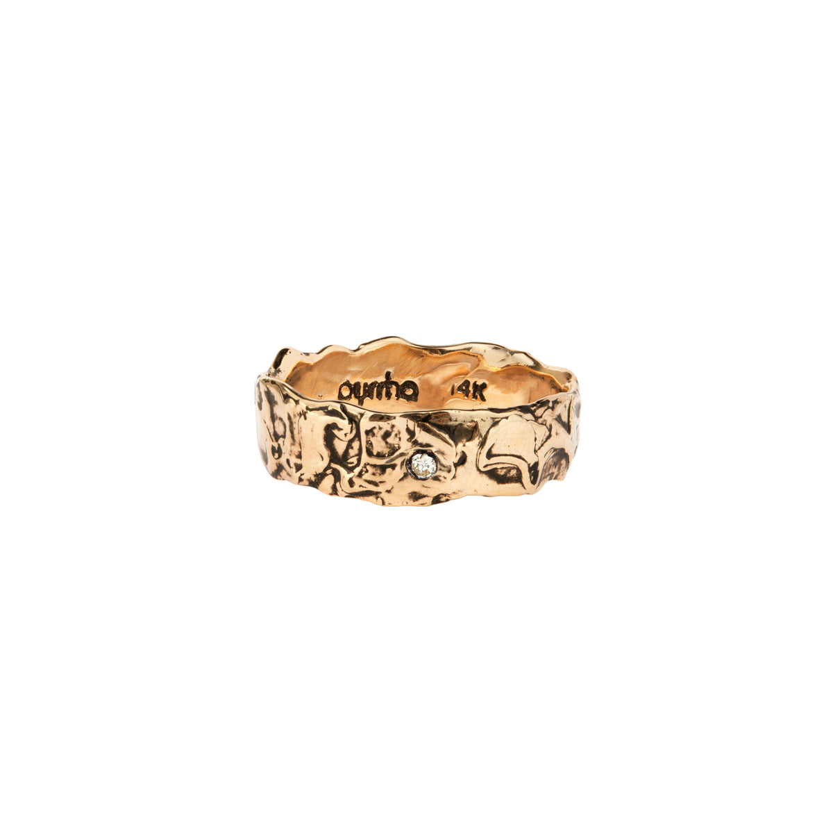Stone Set 14K Gold Wide Textured Band Ring