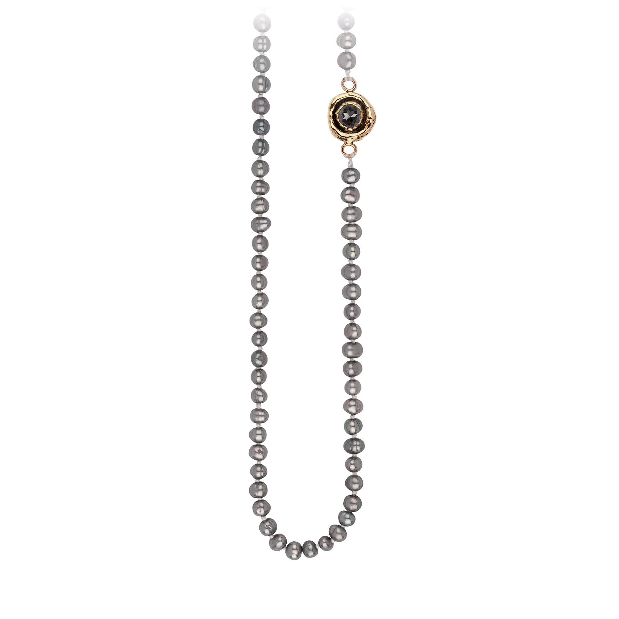 A necklace of hand strung dove grey pearls with a 14k gold bezel set charcoal diamond.