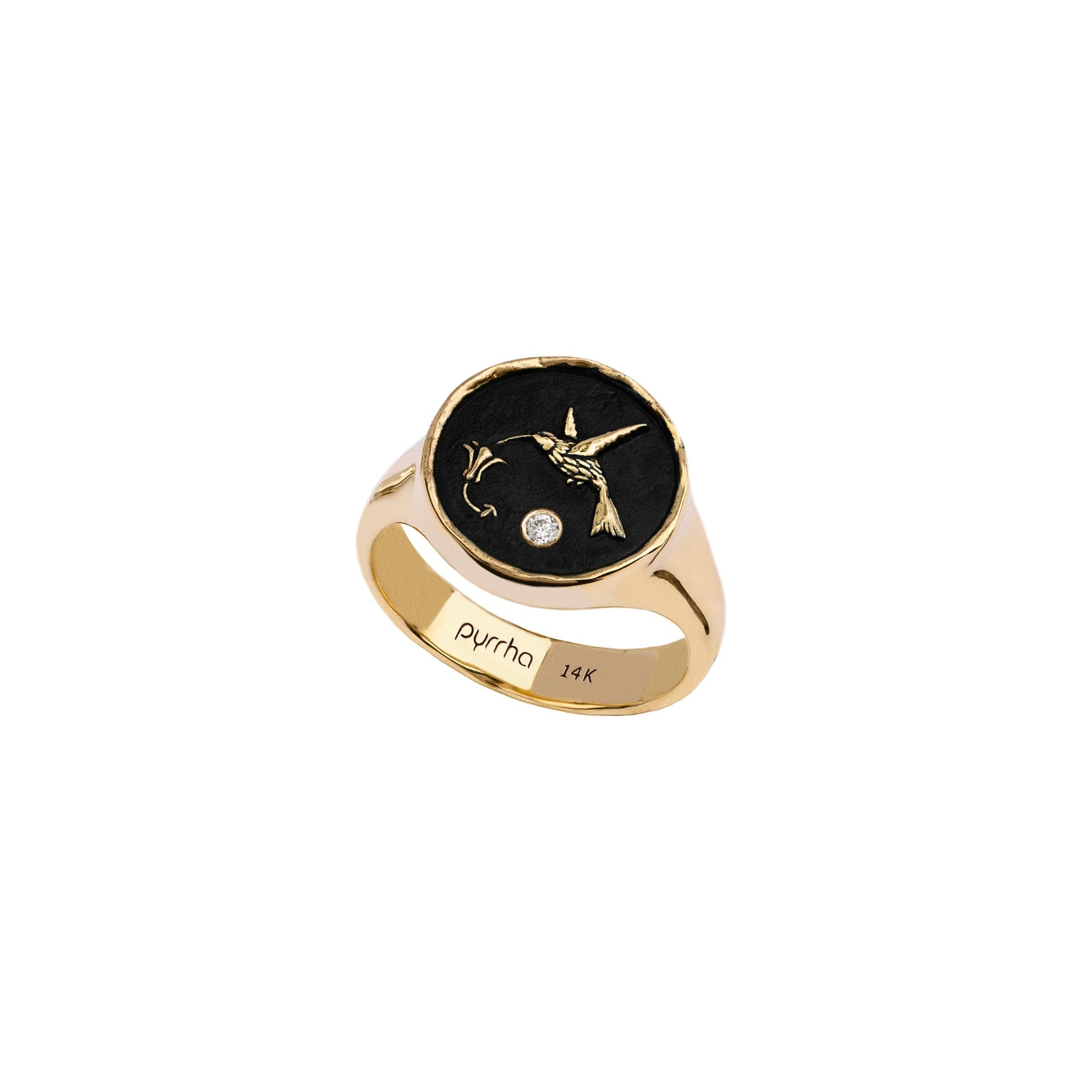 Hummingbird 14K Gold Diamond Set Signet Ring