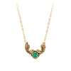 A 14k gold chain featuring our 14k gold winged heart talisman and faceted emerald.