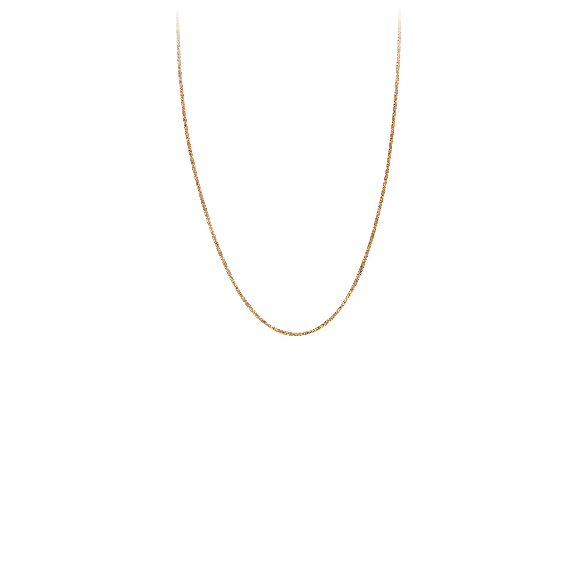 A 14 karat gold chain with diamond cut square wheat links