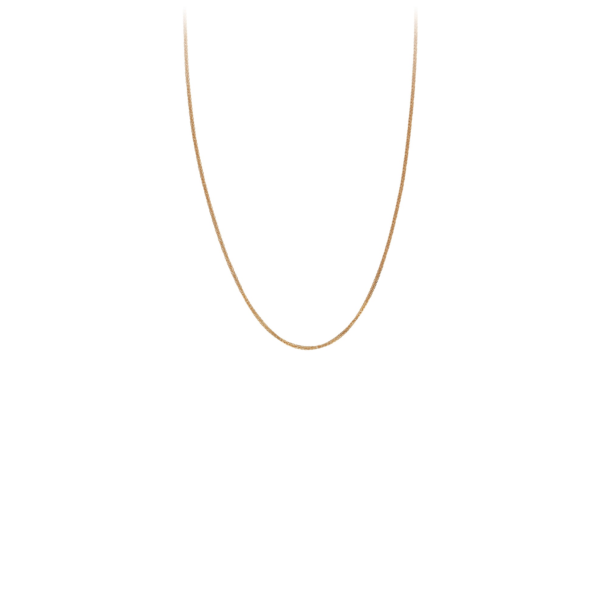 A 14 karat gold chain with diamond cut square wheat links