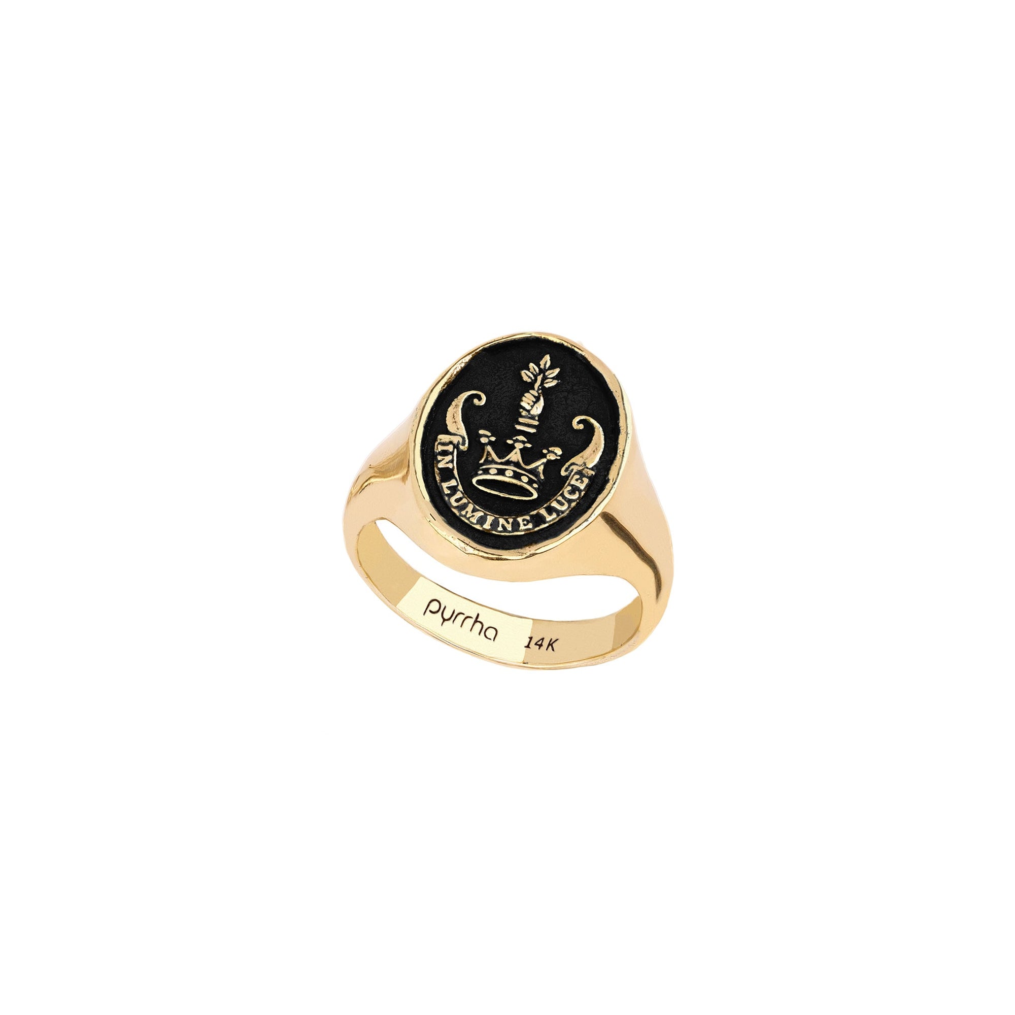 A 14 karat gold ring with our Inspiration signet pictured on the top.