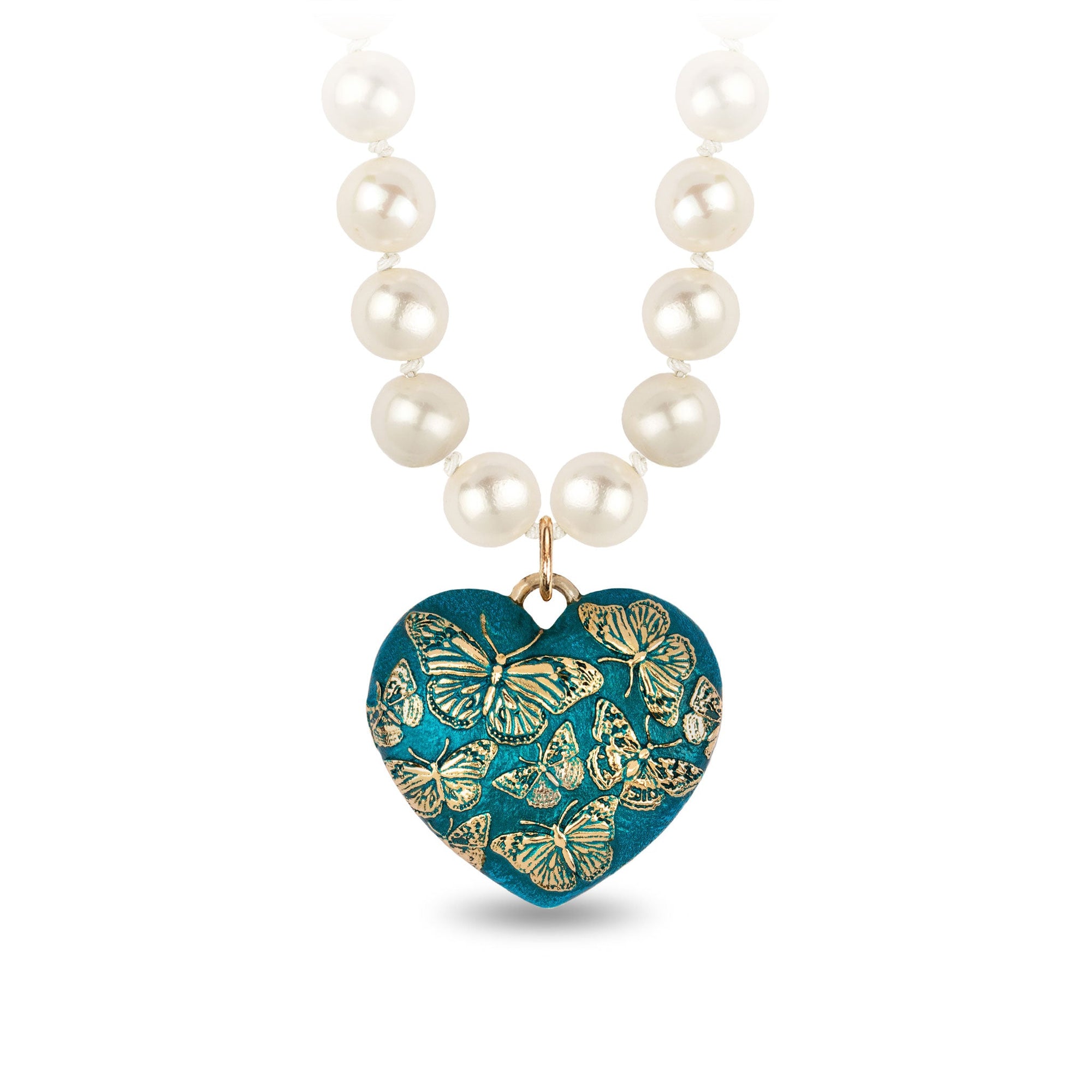 Butterfly 14K Gold Large Puffed Heart Talisman On Knotted Freshwater Pearl Necklace - True Colors