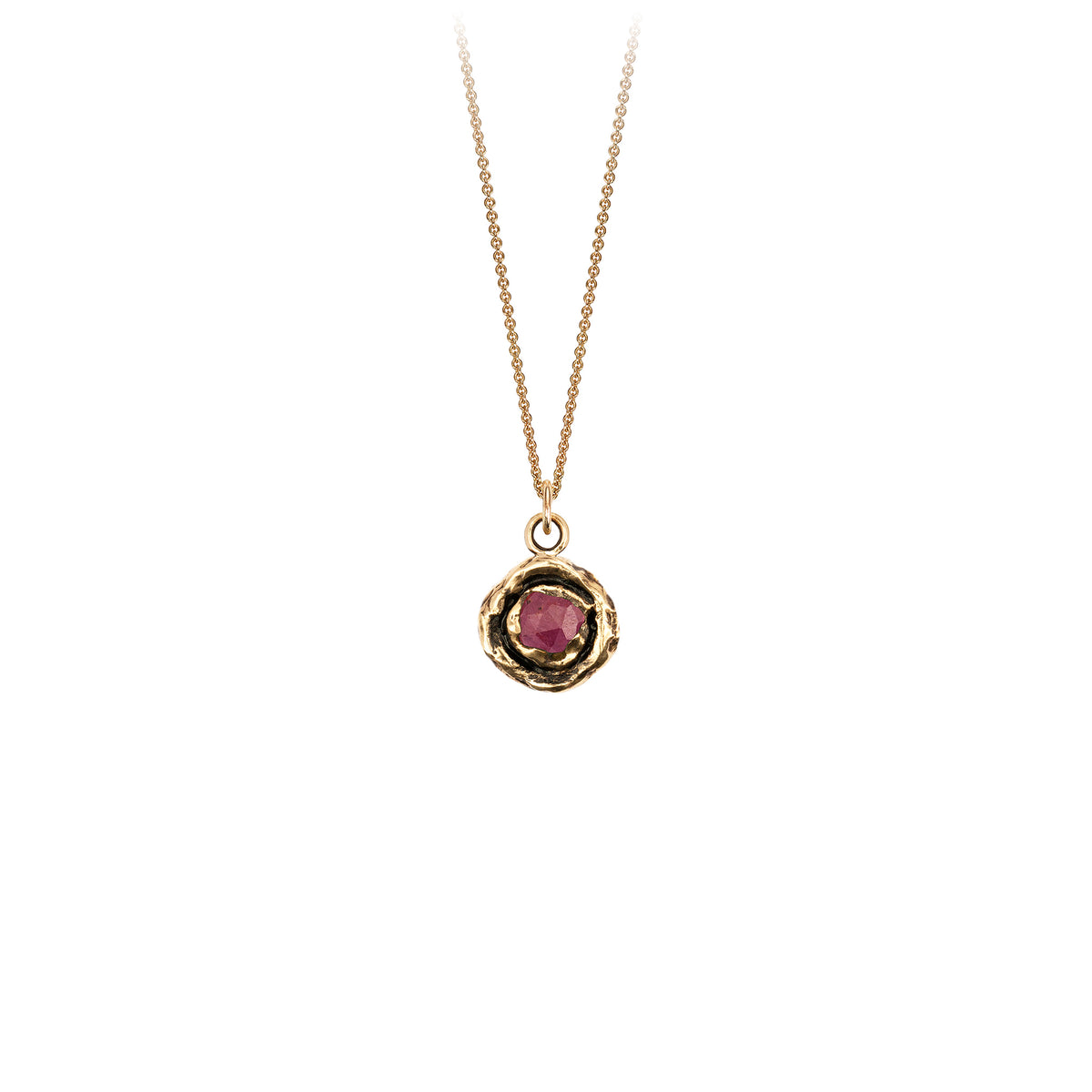 A 14k gold chain featuring a large 14k gold faceted ruby.