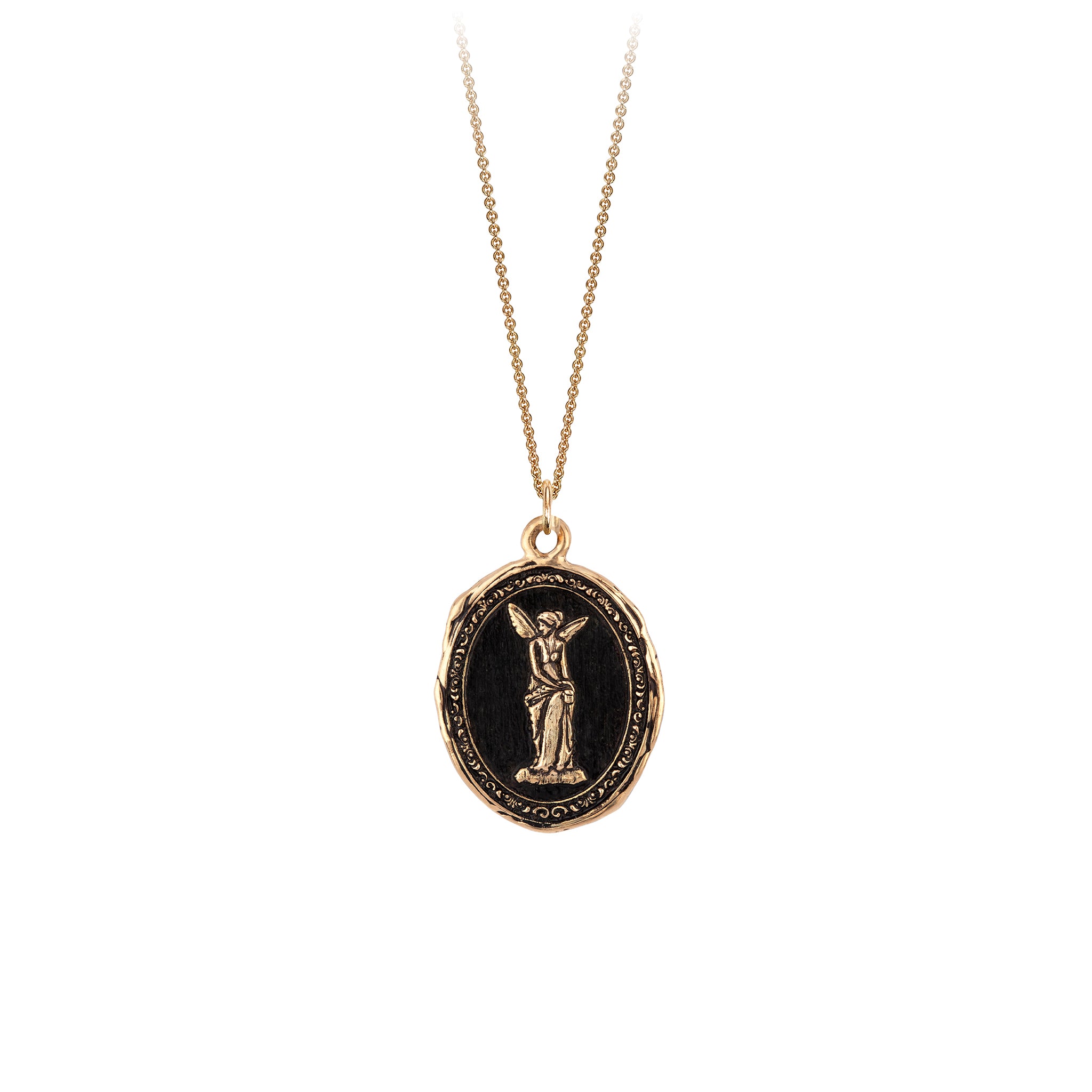 A 14k gold chain featuring our 14k gold Psyche goddess talisman.