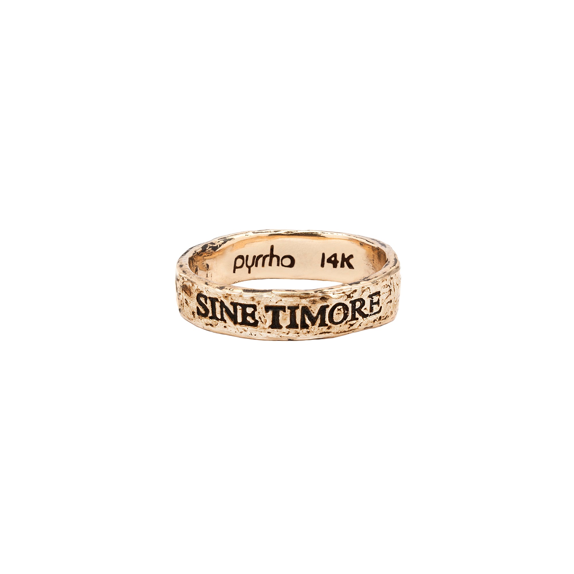 A 14k gold ring engraved with our Sine Timore motto.