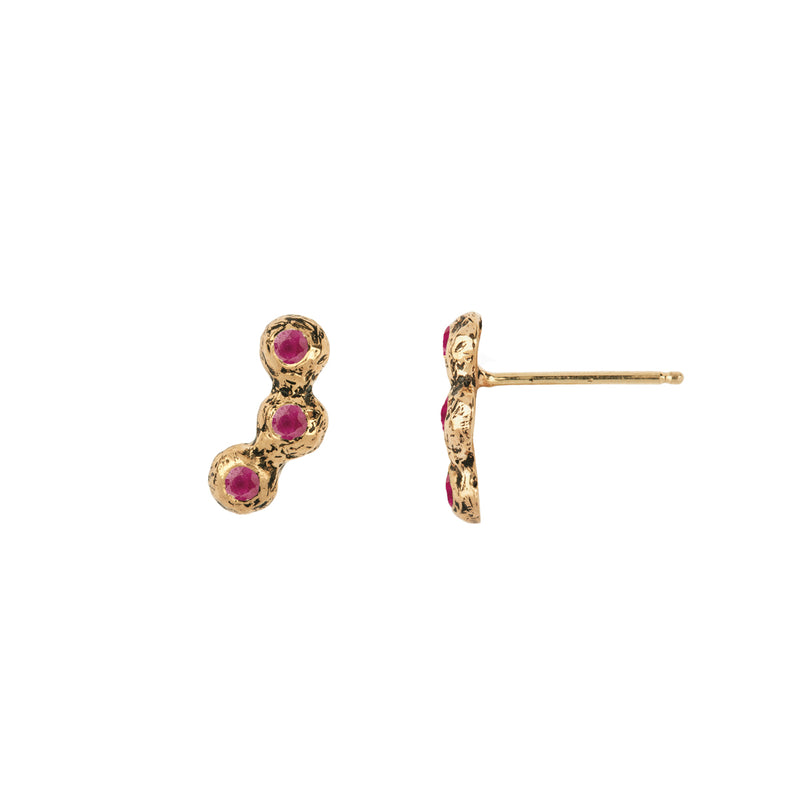 A set of 14k gold stud earrings set with three white diamonds.
